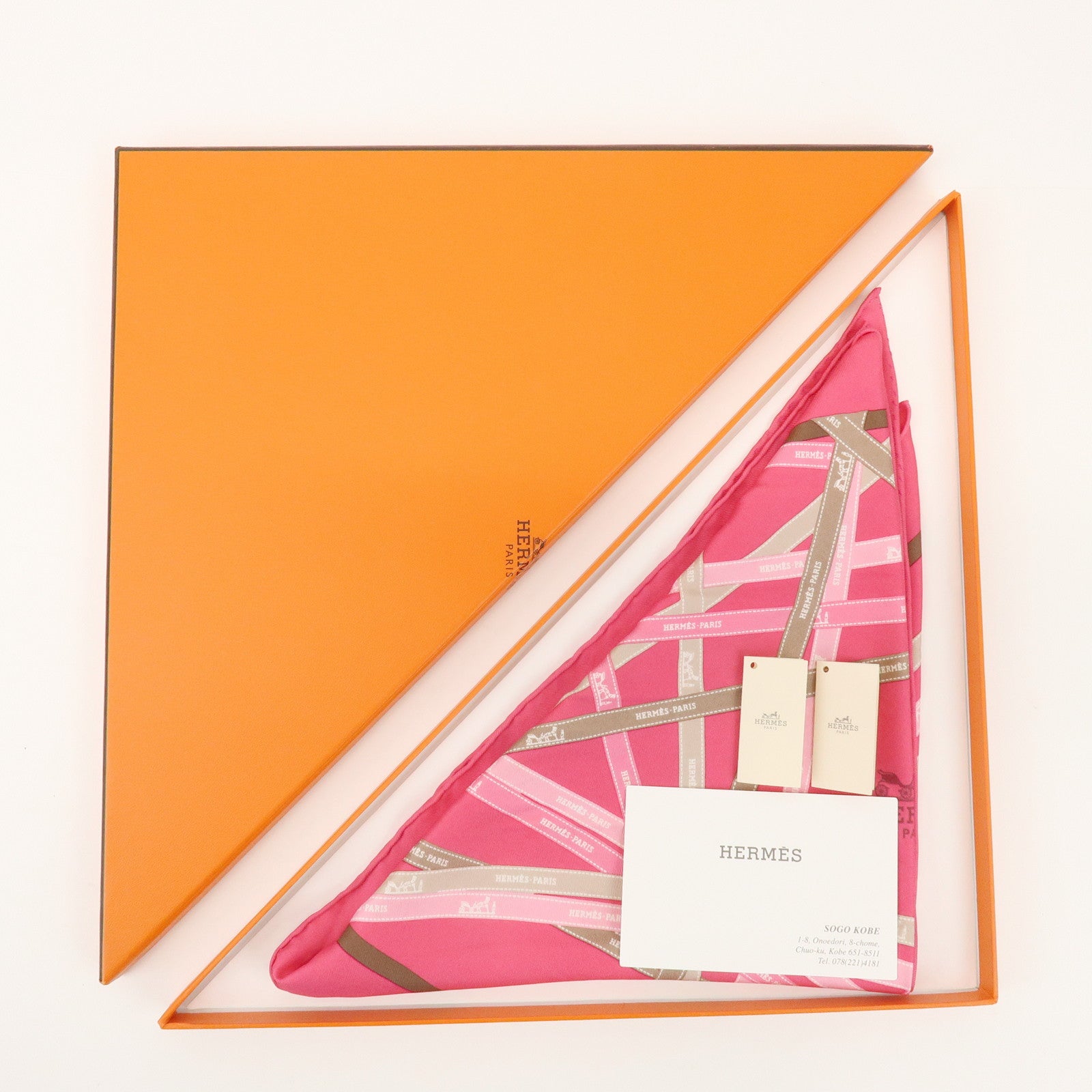 HERMES Pointu Silk 100% Scarf Ribbon Print Pink Beige