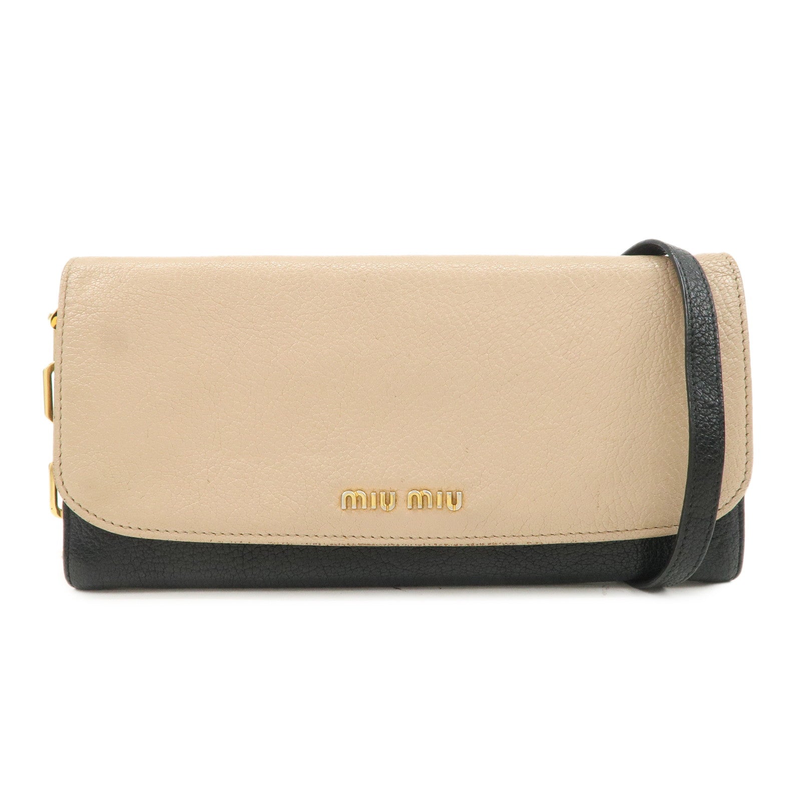 MIU MIU MADRAS Leather Chain Shoulder Wallet WOC Beige Black 5M1290