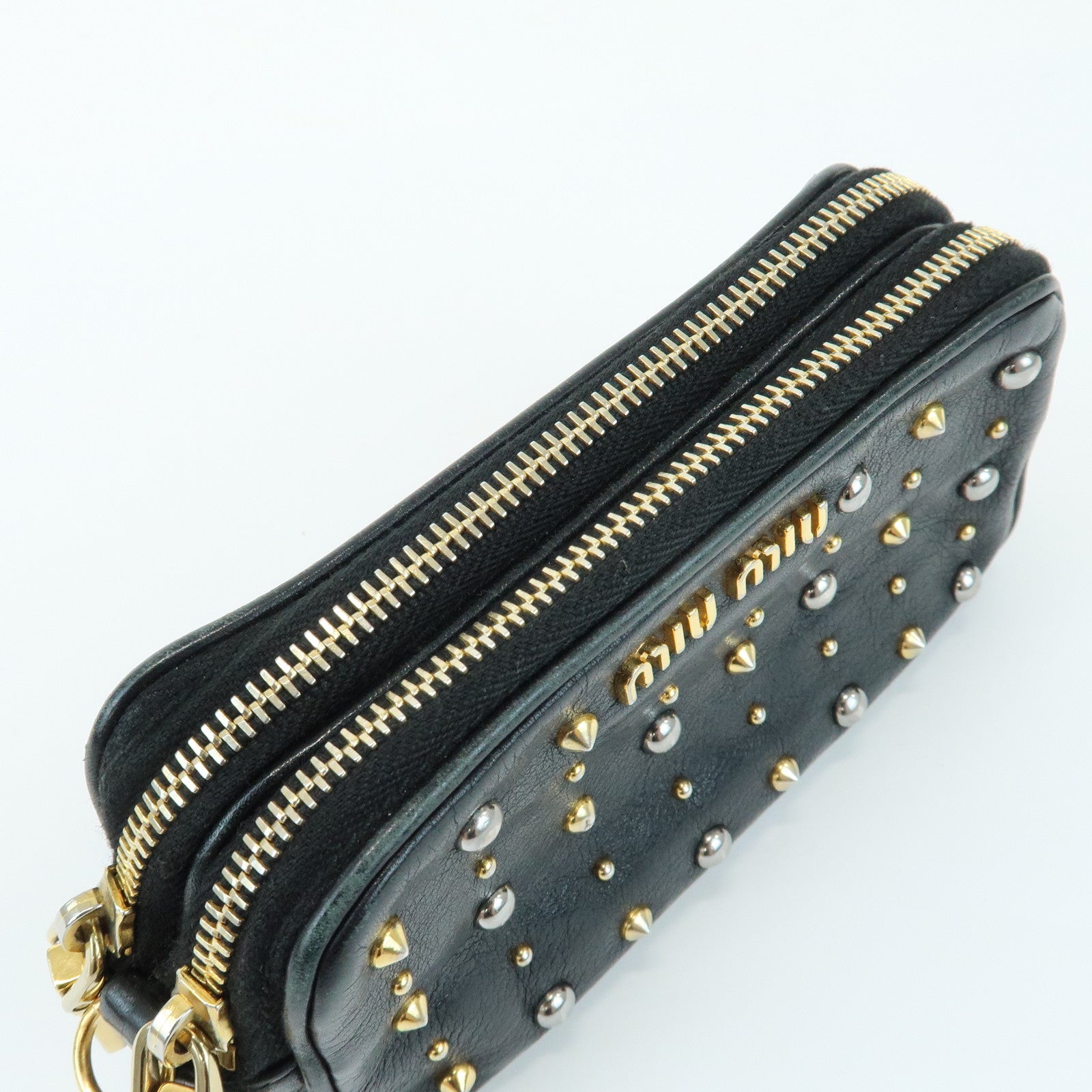 MIU MIU Lamb Skin Studs Cosmetic Pouch Accessoires Pouch Black