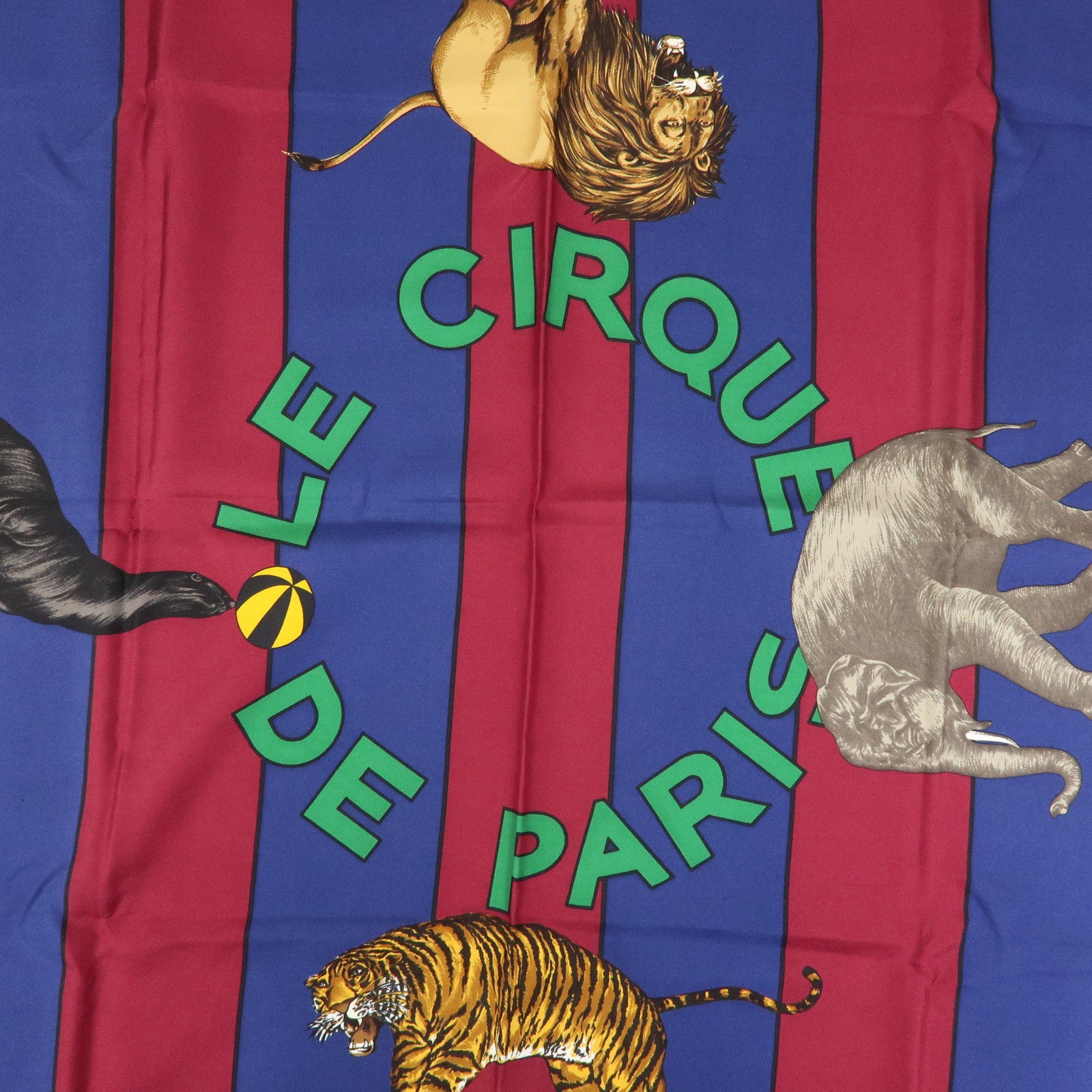 CELINE Silk 100% Scarf Le Cirque Lion Elephant Motif Navy Blue