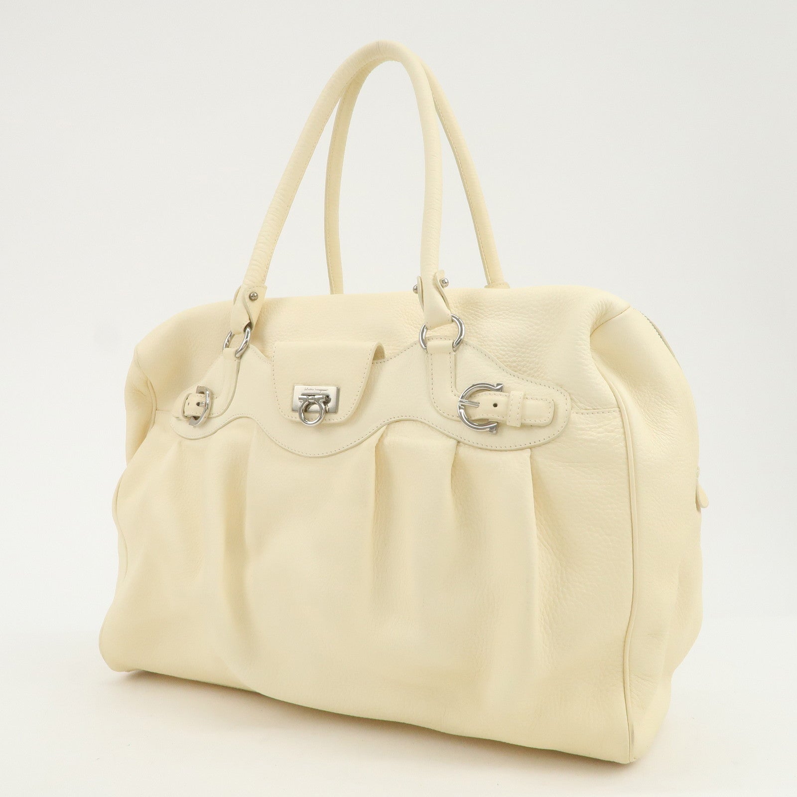 Ferragamo Gancini Logo Leather Shoulder Bag Hand Bag Beige