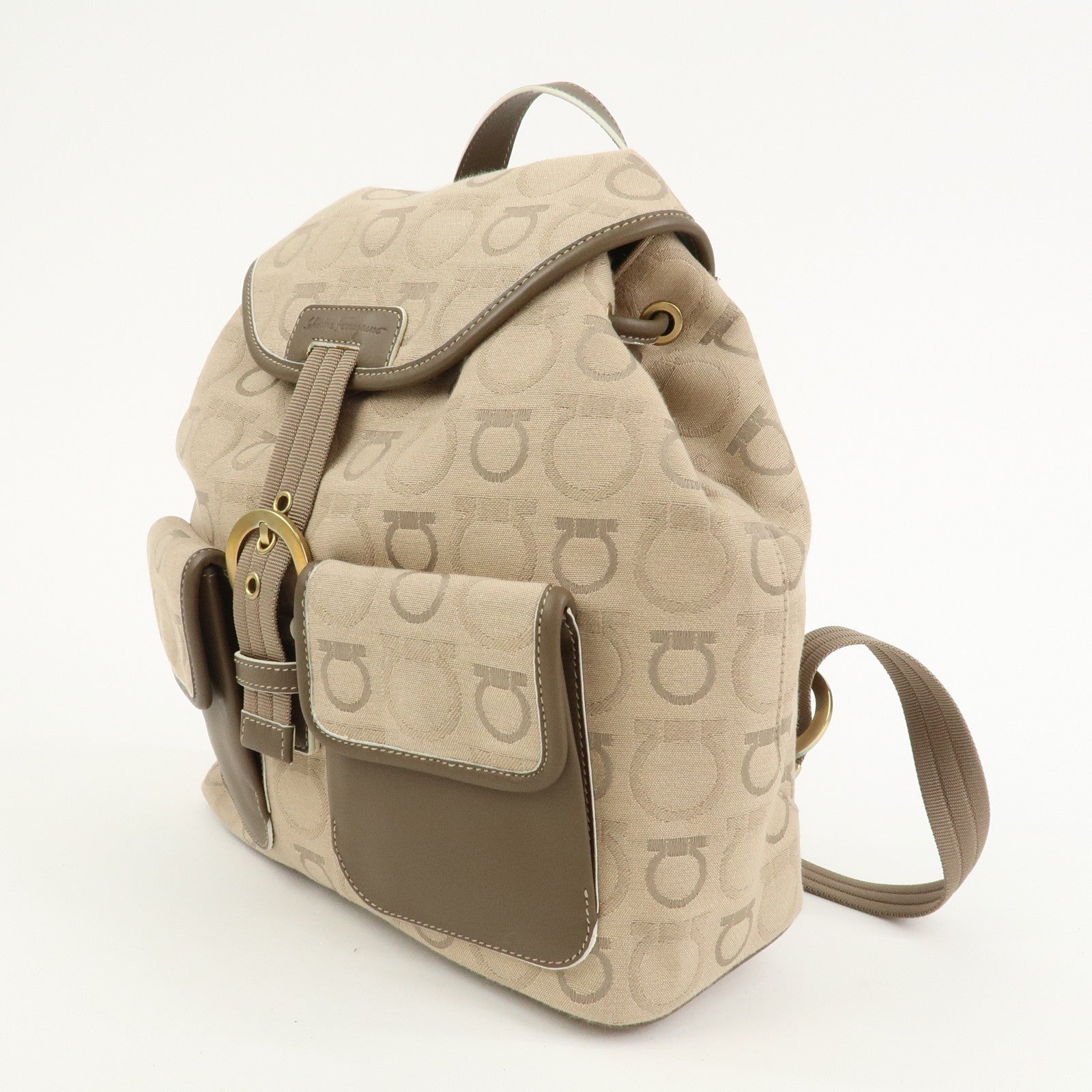Ferragamo Gancini Canvas Leather Backpack Rucksuck Beige