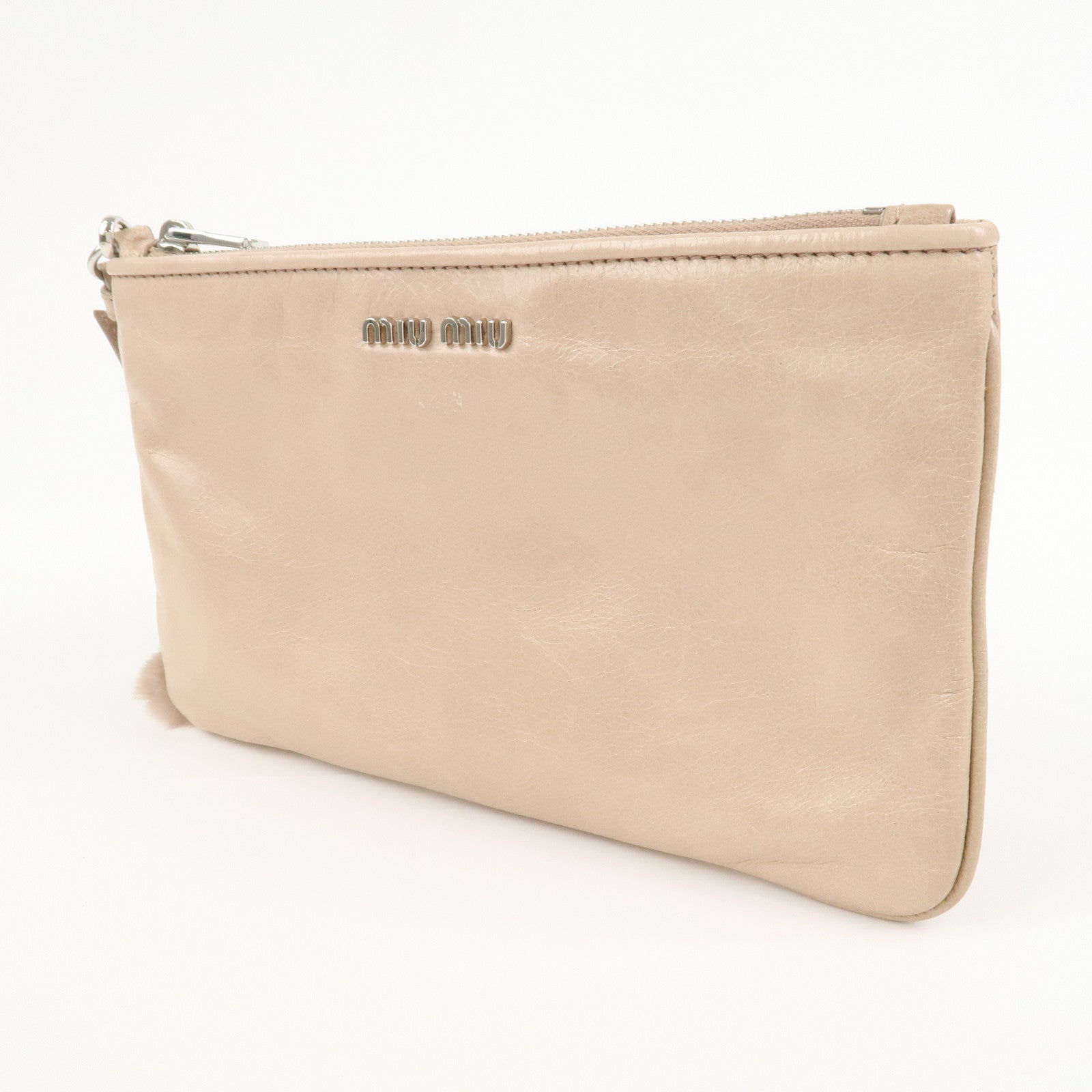 MIU MIU Leather Fur Clutch Bag Pouch Pink Beige 5NH811