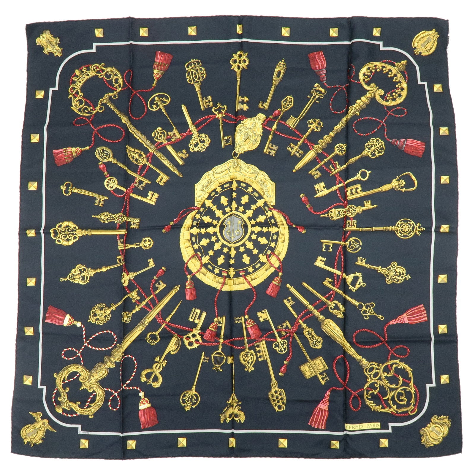 HERMES Carre 90 Silk 100% Scarf LES CLES THE KEYS RARE Black