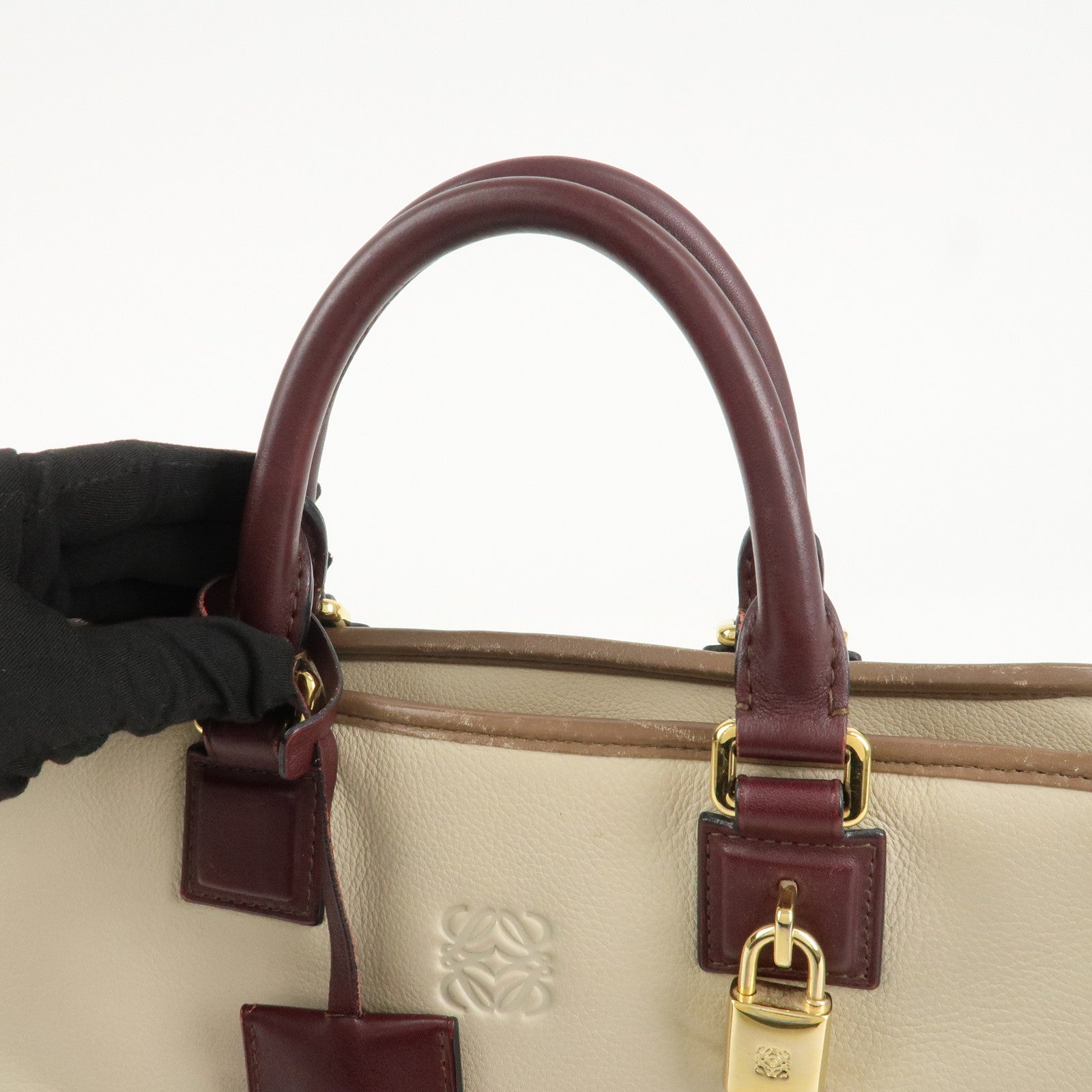 LOEWE Anagram Amazona 28 Leather Hand Bag Brown Ivory Bordeaux Used