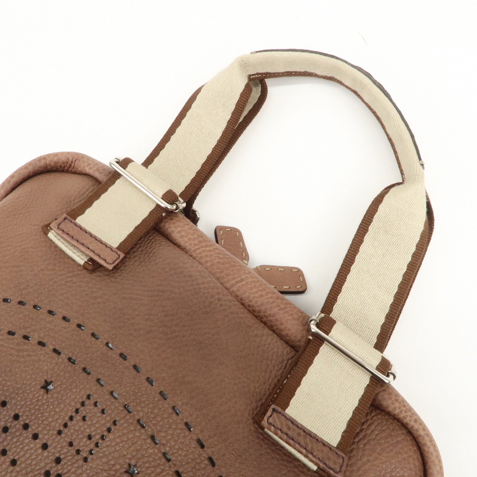FENDI Selleria Leather Canvas Hand Bag Shoulder Bag Brown 8BL093