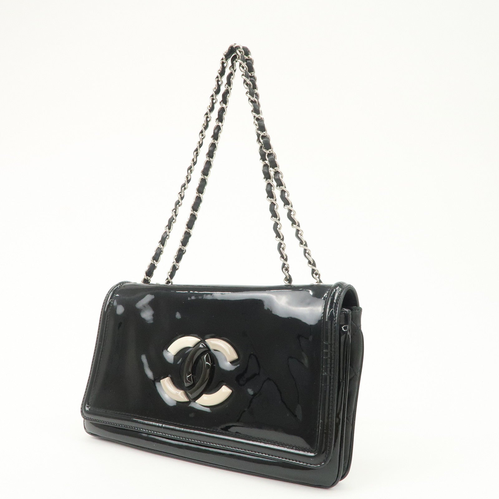 CHANEL Patent Leather Chain Shoulder Bag Hand Bag Black