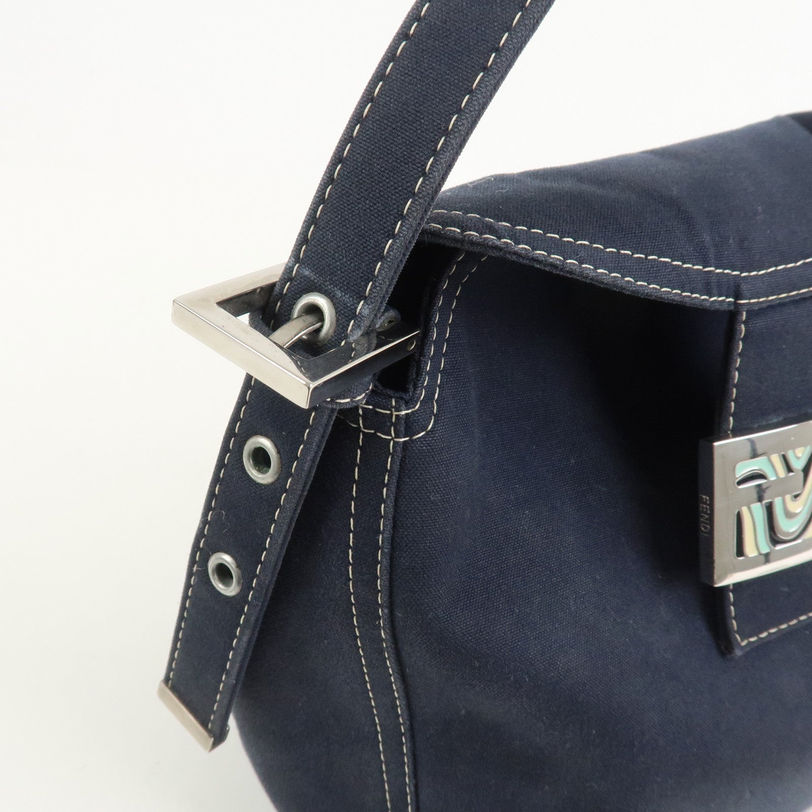 FENDI Logo Canvas Shoulder Bag Hand Bag Navy 26426