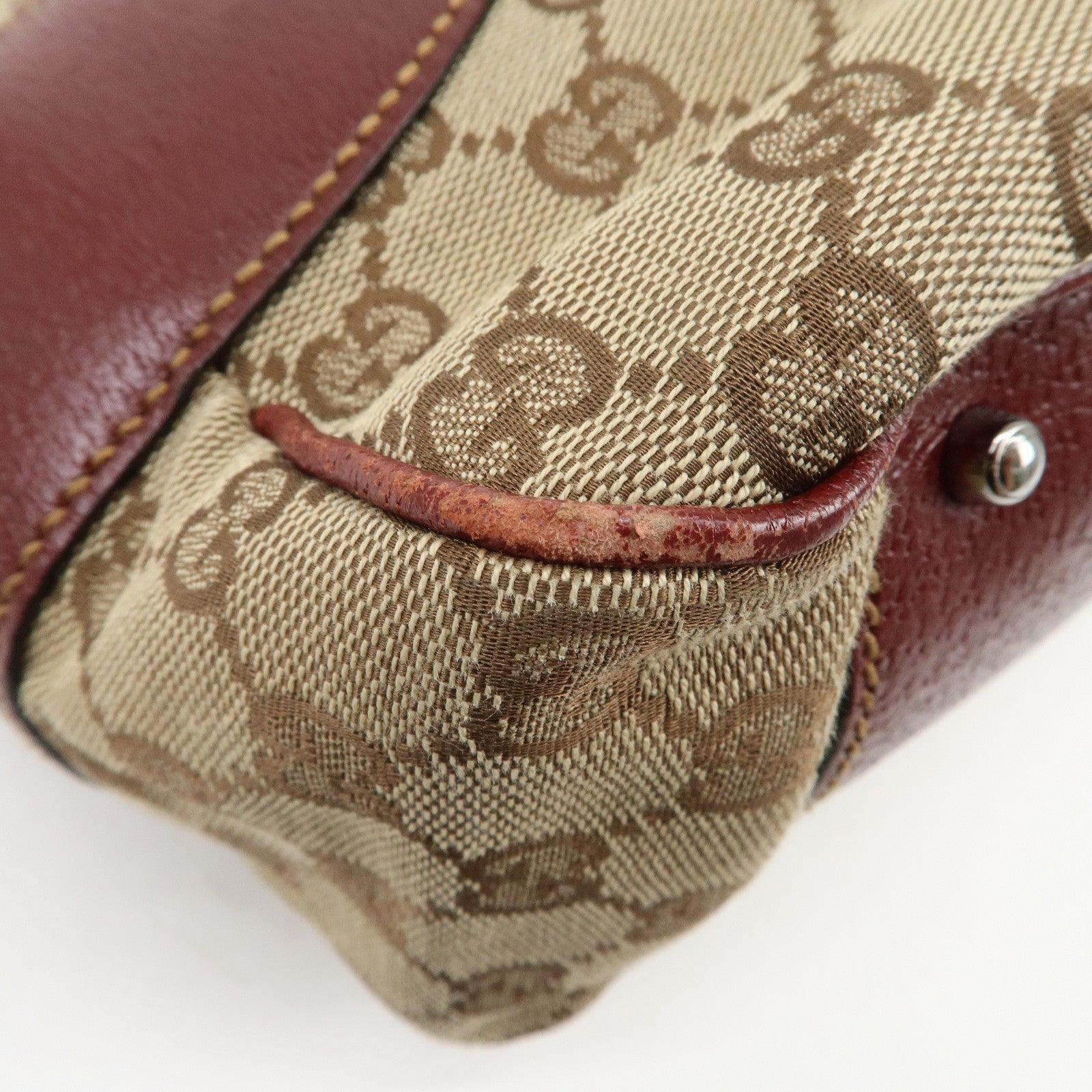 GUCCI GG Monogram Canvas Leather Tote Bag Beige Bordeaux 113011