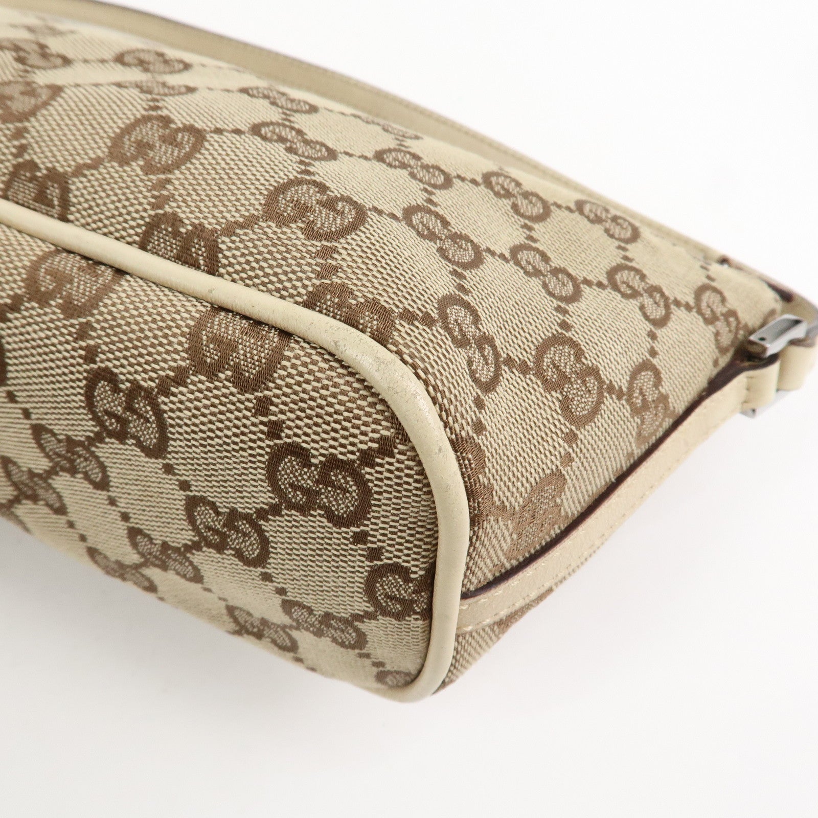 GUCCI Boat Bag GG Canvas Leather Hand Bag Pouch Beige Brown 07198