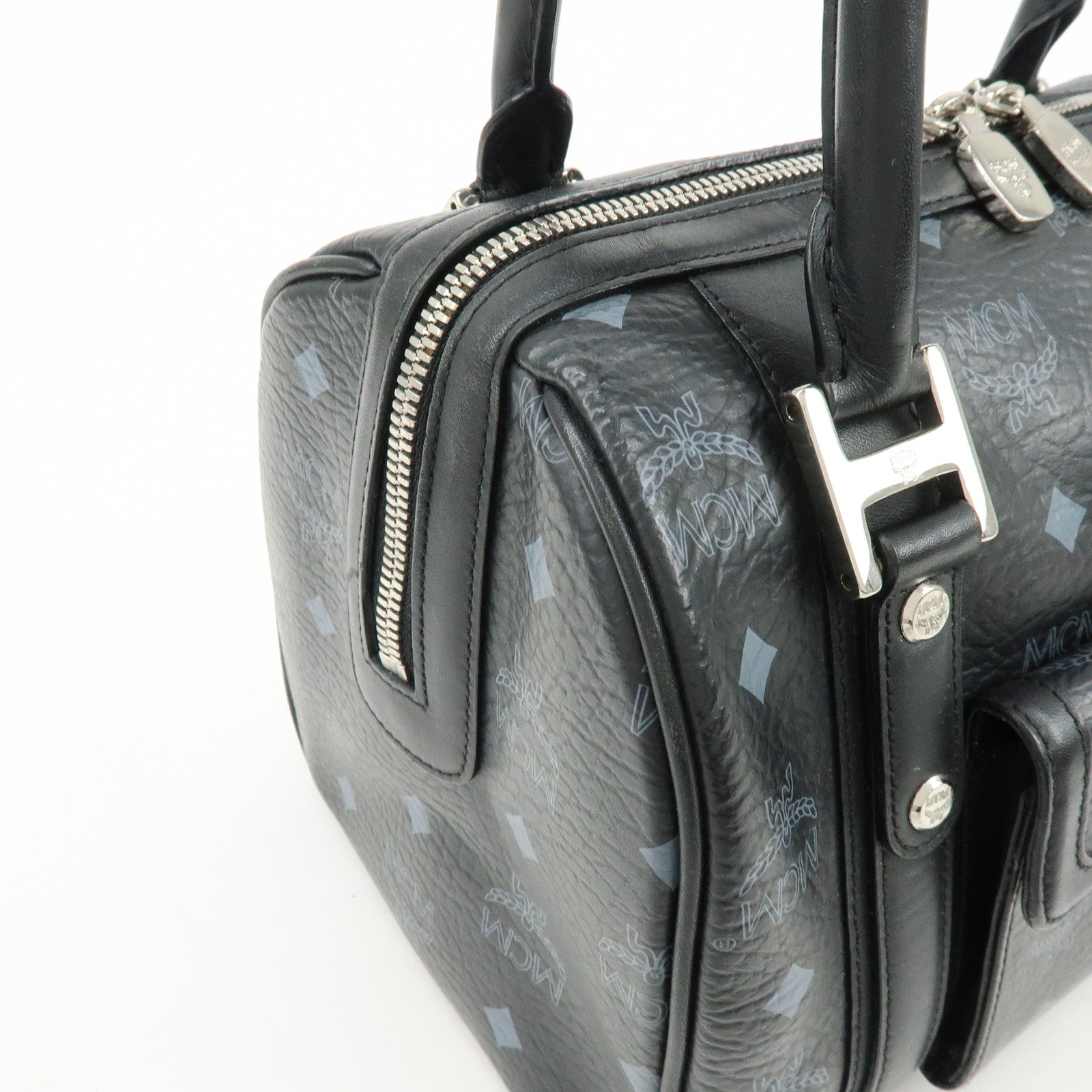 MCM Visetos PVC Leather Boston Bag Hand Bag Black