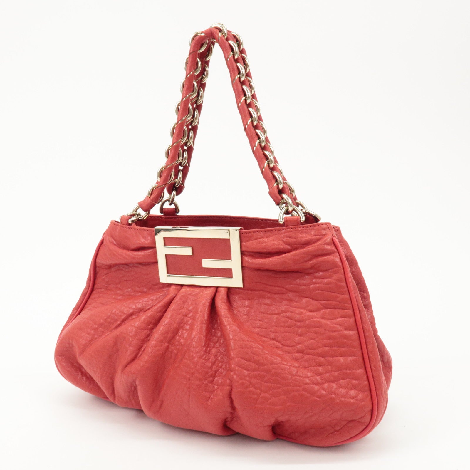 FENDI Leather Mia Chain Shoulder Bag Red Gold Hardware 8BR615 Used