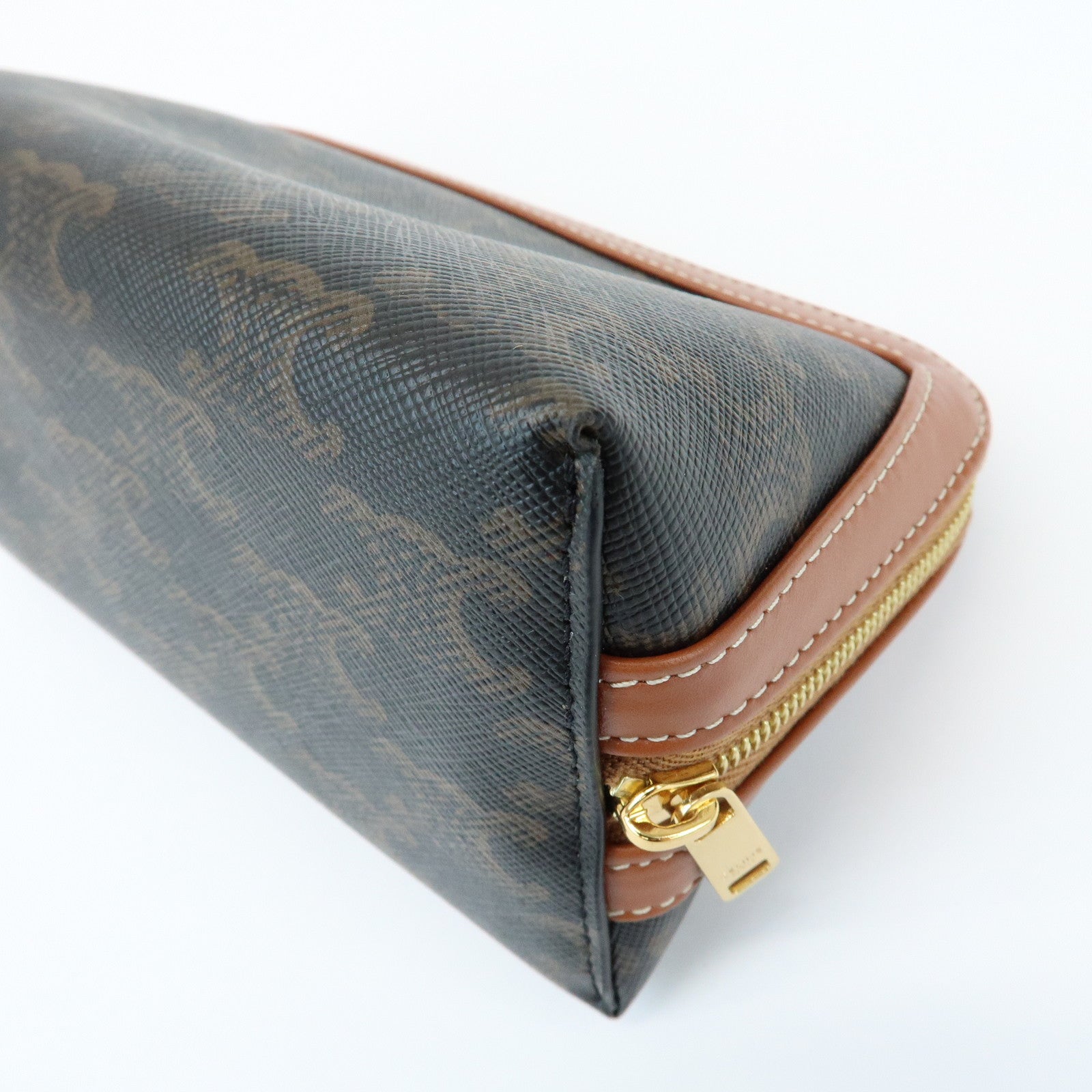 CELINE Triomphe PVC Calf Leather Cosmetic Pouch Accessory Pouch Tan