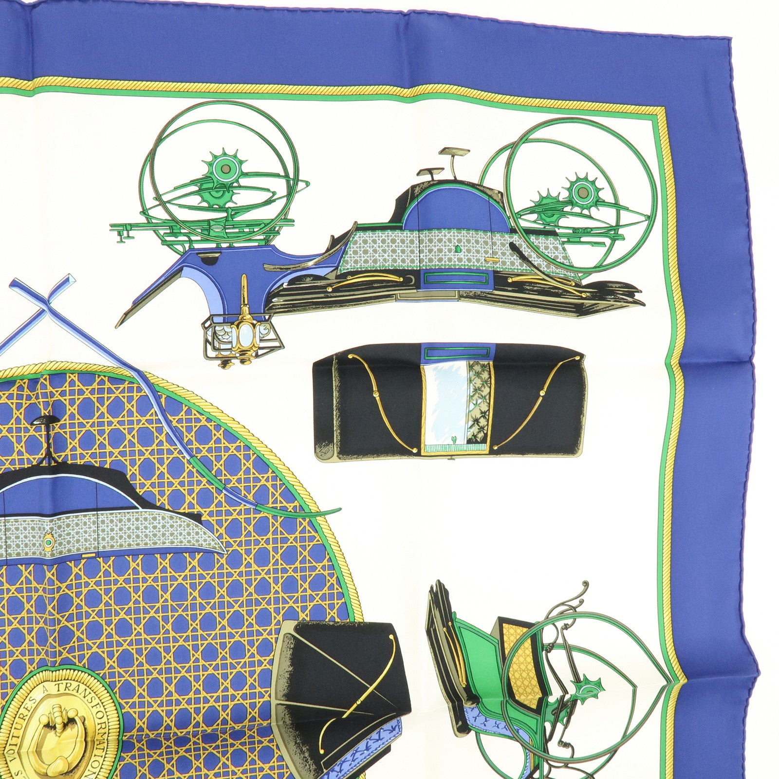 HERMES Carre 90 Silk 100% LES VOITURES A TRANSFORMATION Scarf Blue