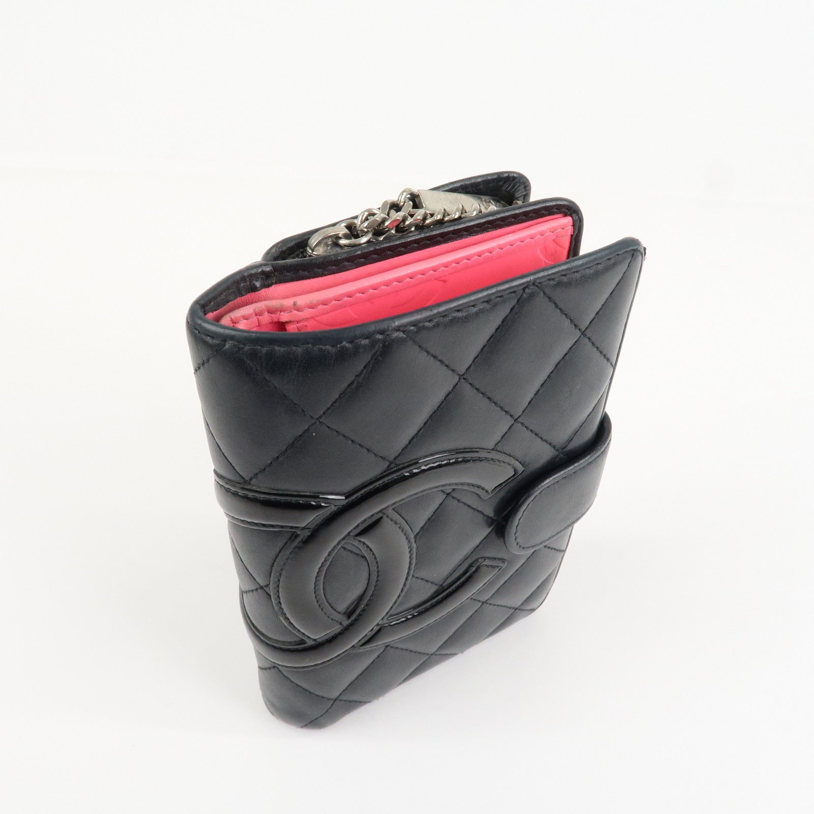 CHANEL Cambon Line COCO Mark Bifold Wallet Black Pink A50080 Used