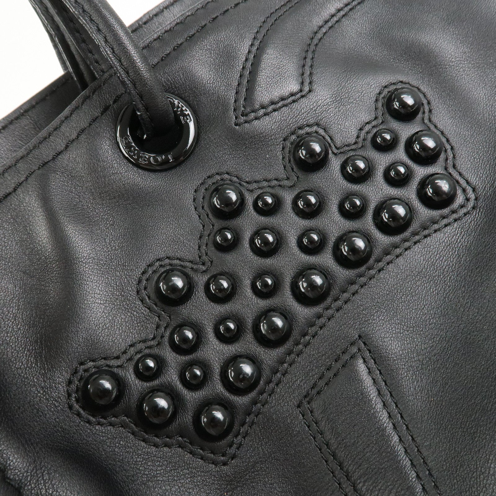 LOEWE Logo Leather Shopper Tote Bag Shoulder Bag Hand Bag Black