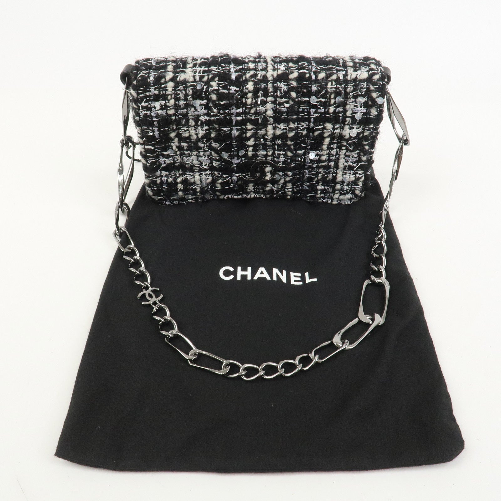 CHANEL Tweed Chain Shoulder Bag Hand Bag Black White 8645695