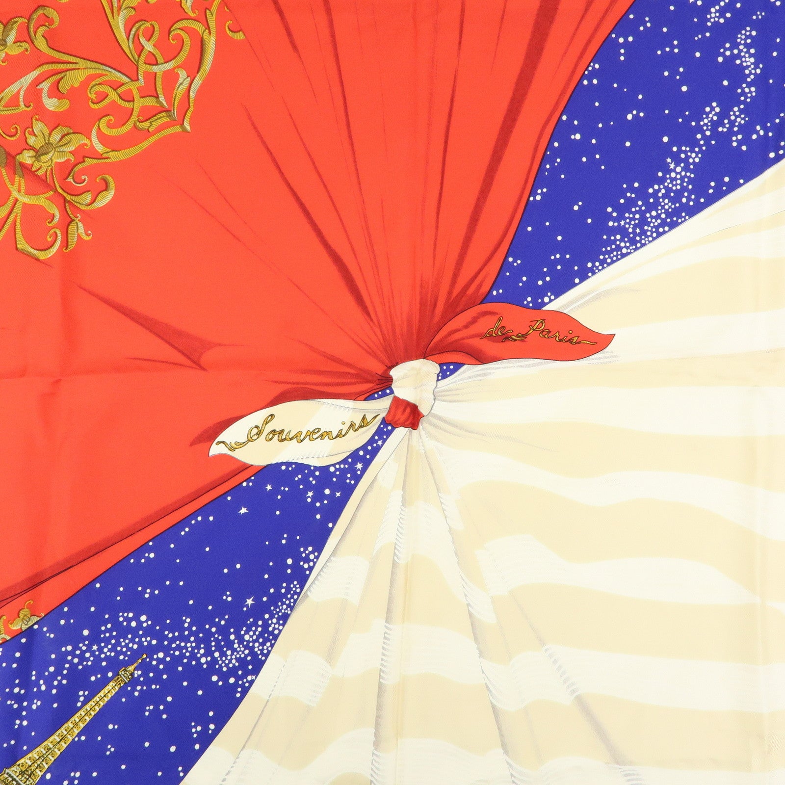 HERMES Carre 90 Silk 100% Scarf Souvenirs de Paris Blue Red Beige