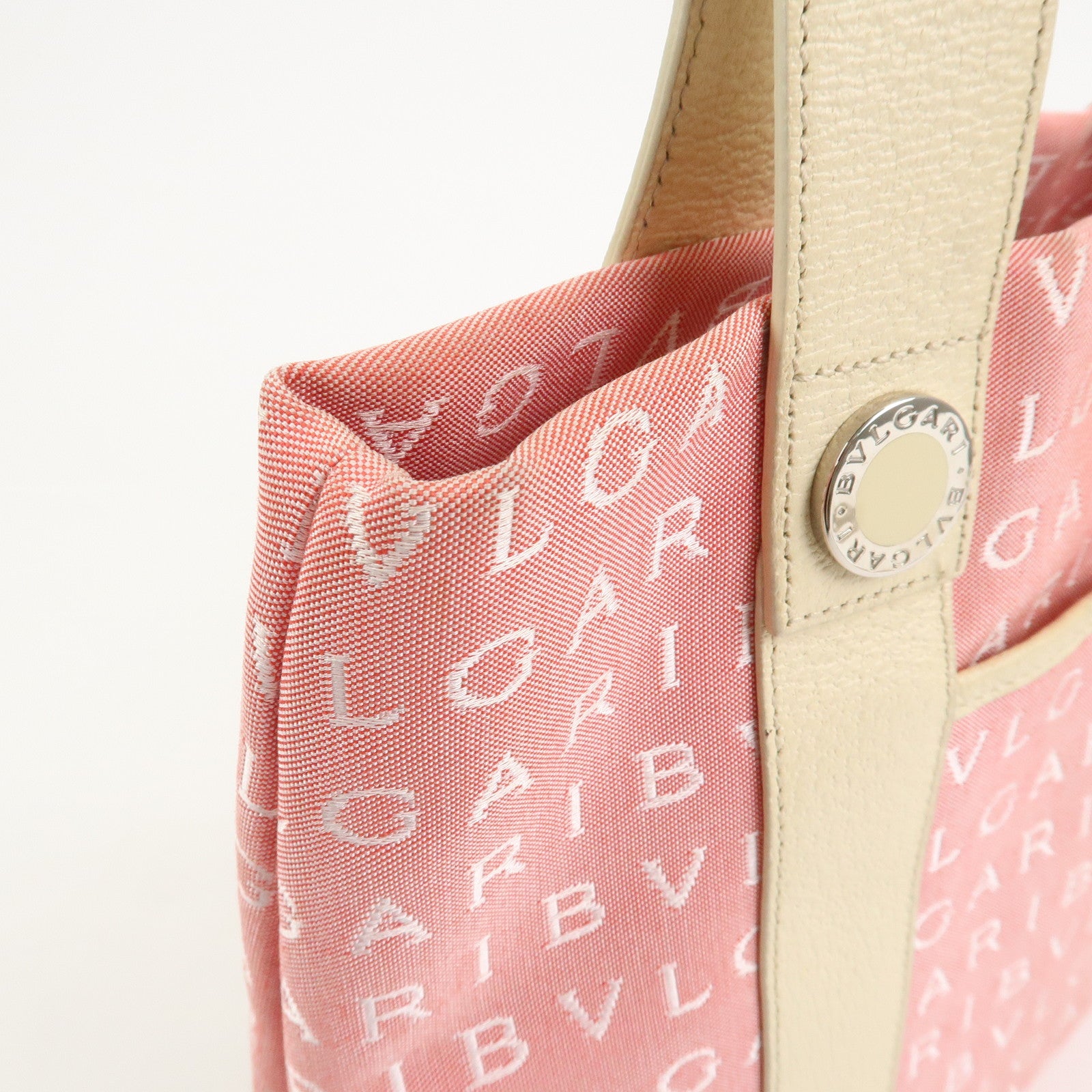 BVLGARI Logo Mania Canvas Leather Hand Bag Tote Bag Pink Ivory