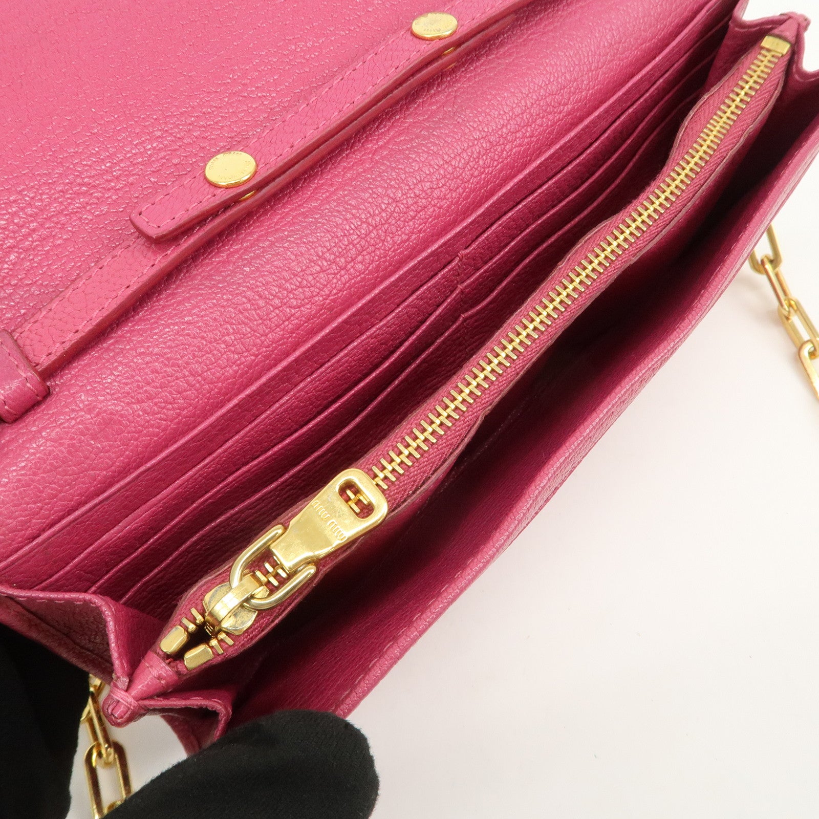 MIU MIU Logo Leather WOC Chain Shoulder Long Wallet Pink 5M1290