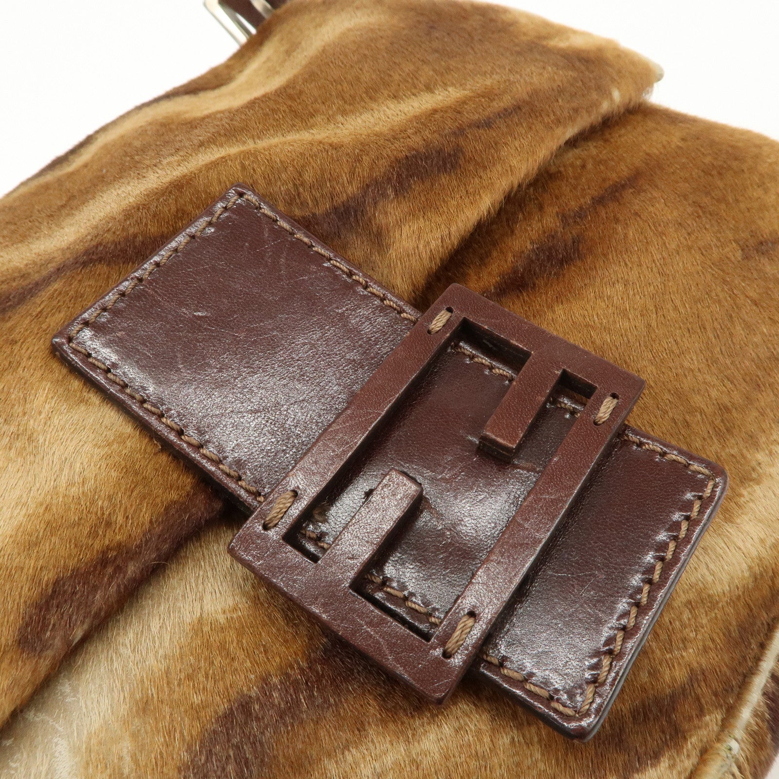 FENDI Mamma Baguette Unborn Carf Leather Shoulder Bag Brown 26323 Used