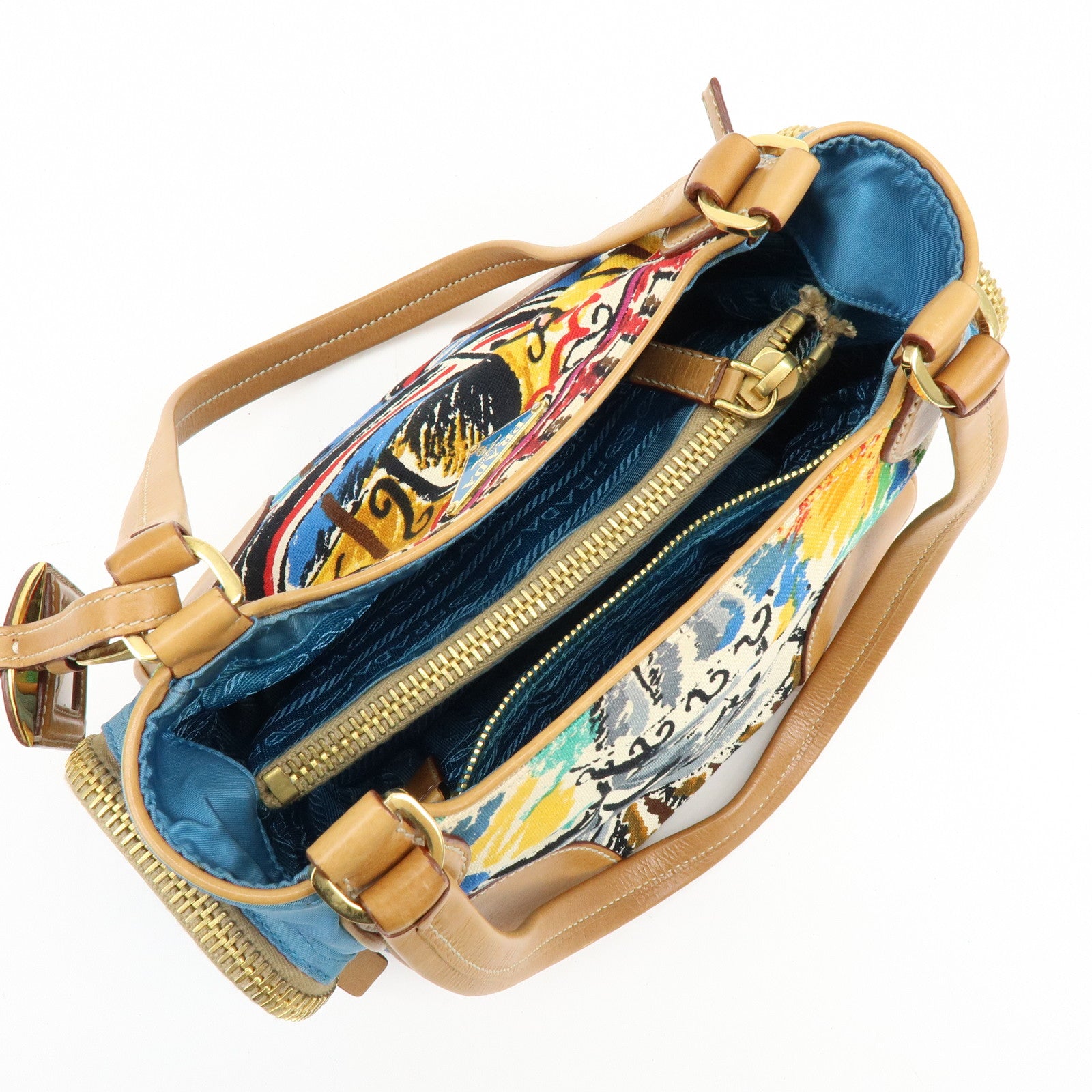 PRADA Triangle Logo Canvas Leather Hand Bag Light Brown Blue