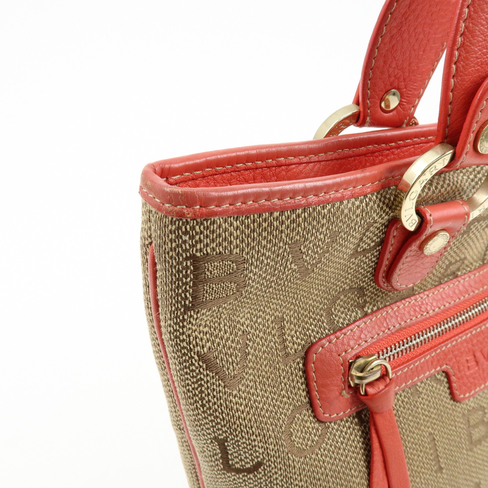 BVLGARI Logo Mania Jacquard Leather Tote Bag Hand Bag Beige Red