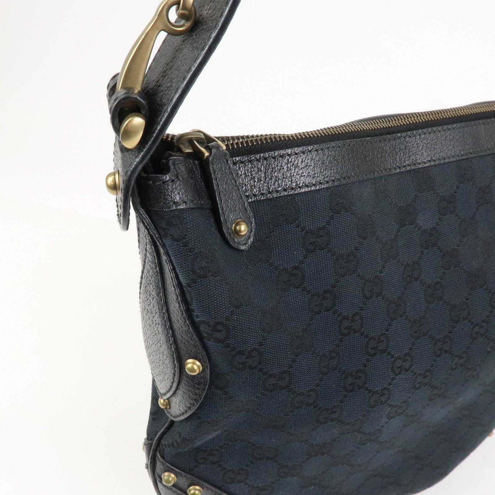 GUCCI Sherry GG Canvas Leather Studs Shoulder Bag Black 144011