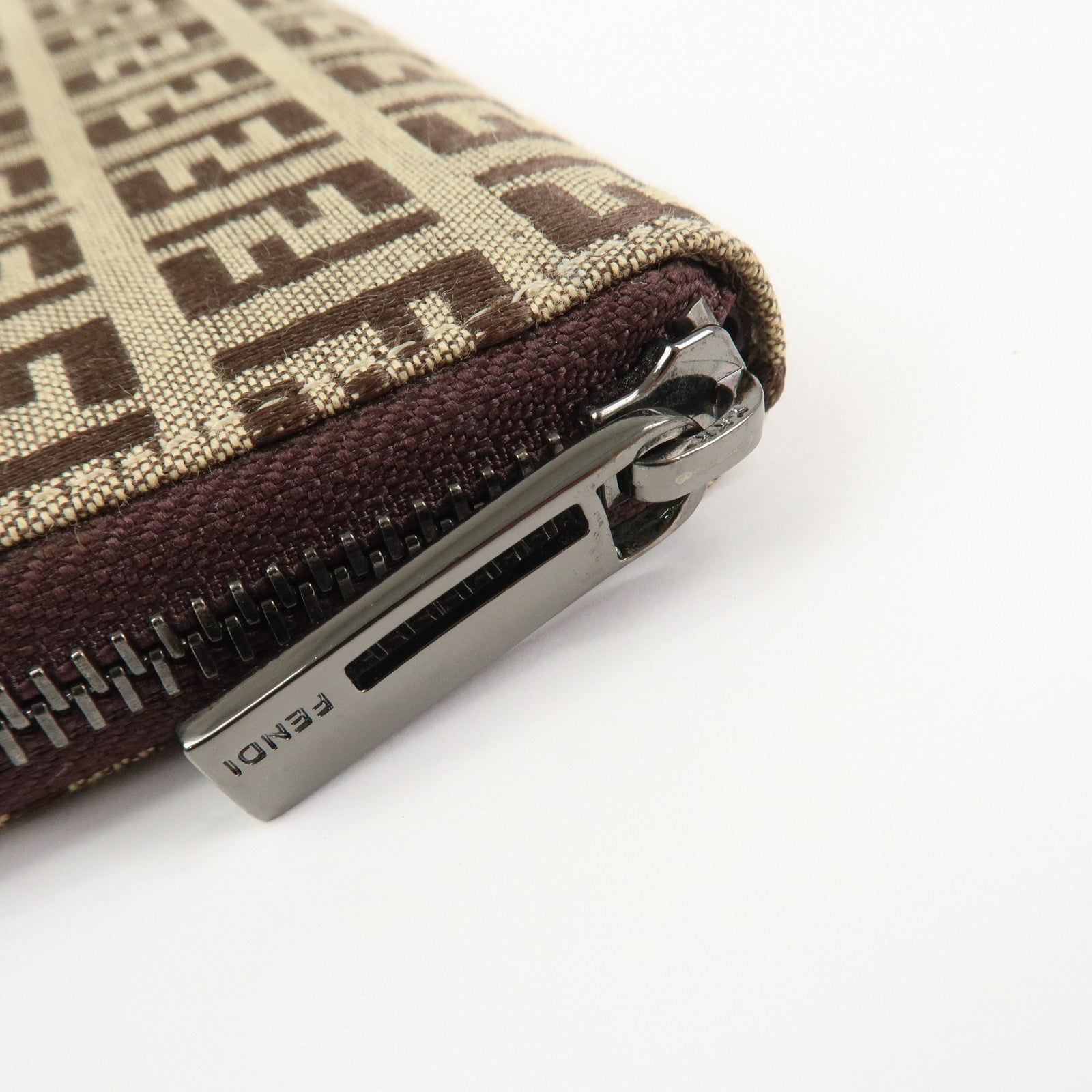 FENDI Zucchino Canvas Leather Round Zippy Long Wallet Brown 8M0024