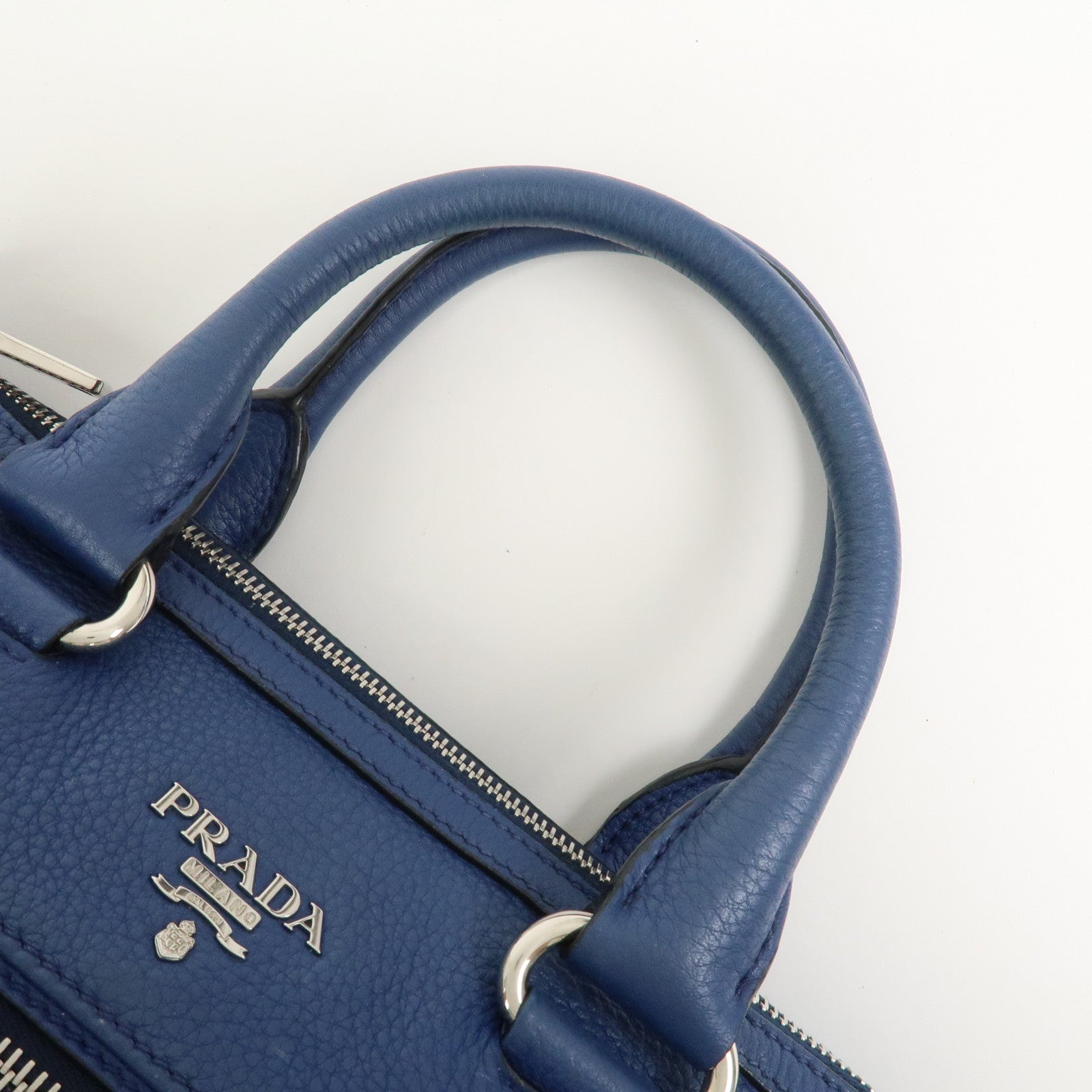 PRADA Leather 2Way Bag Hand Bag Shoulder Bag Blue Silver