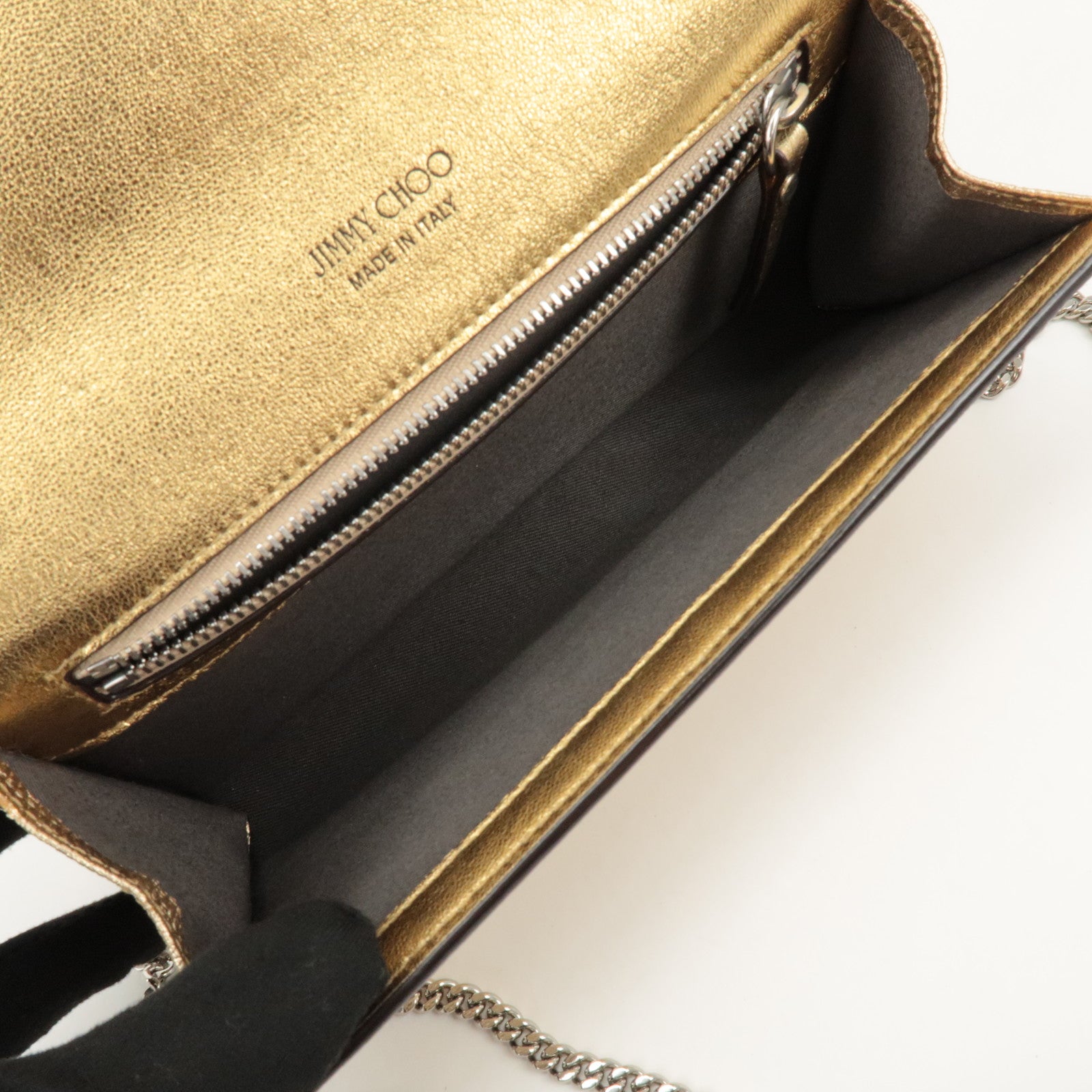 JIMMY CHOO Leather Rhine Stone Chain Wallet Gold Silver HDW Used