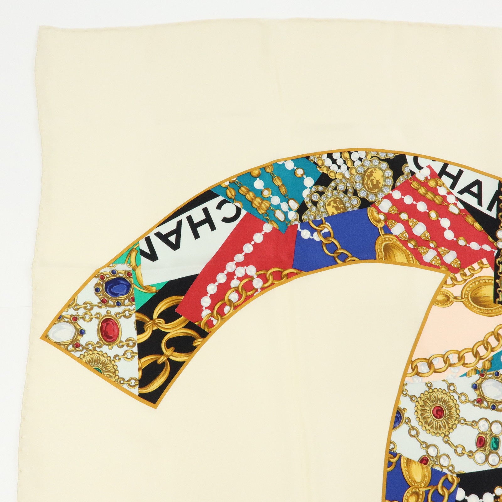 CHANEL COCO Mark Silk 100% Scarf Jewelry Motif Ivory Green