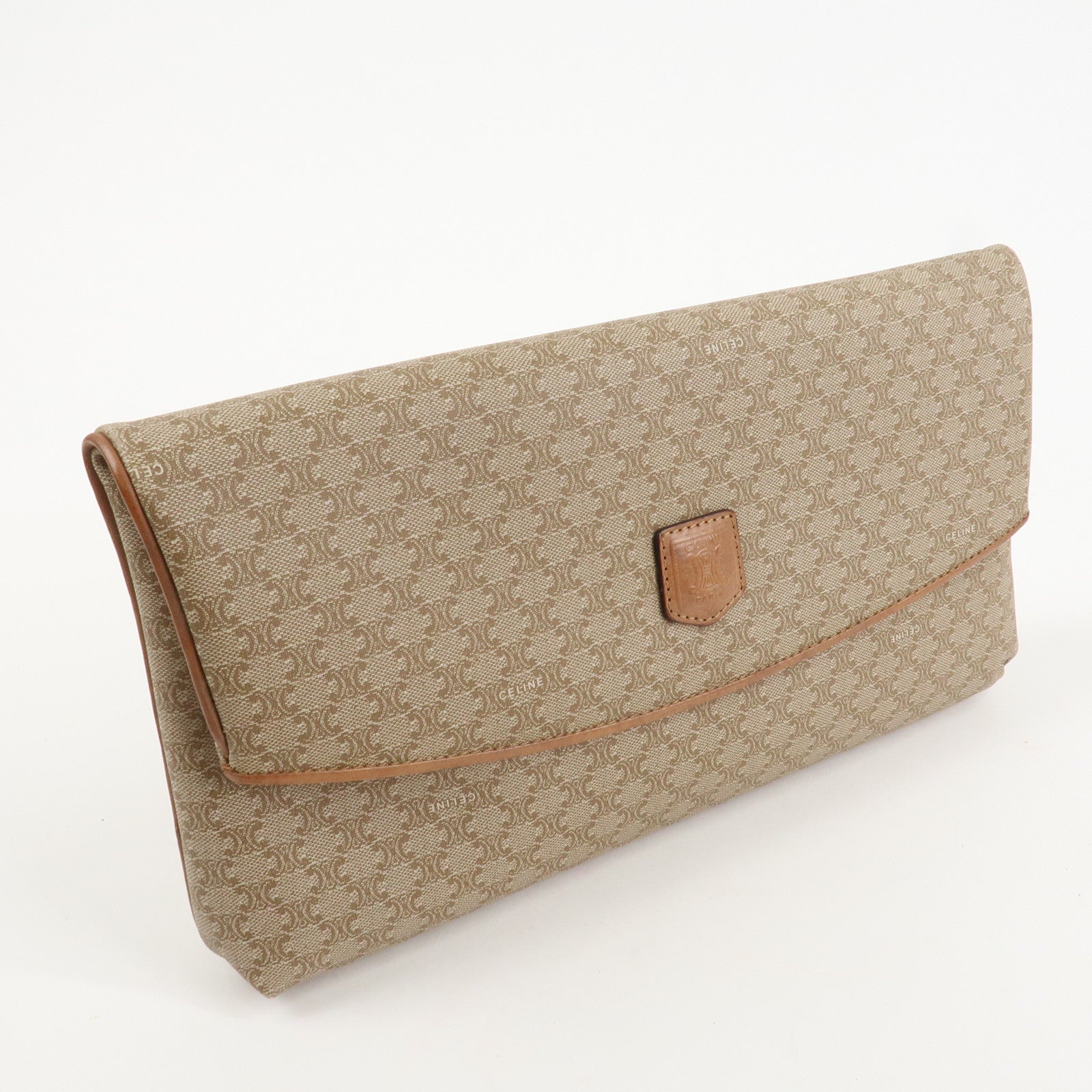 CELINE Macadam Leather PVC Clutch Bag Brown Beige Used