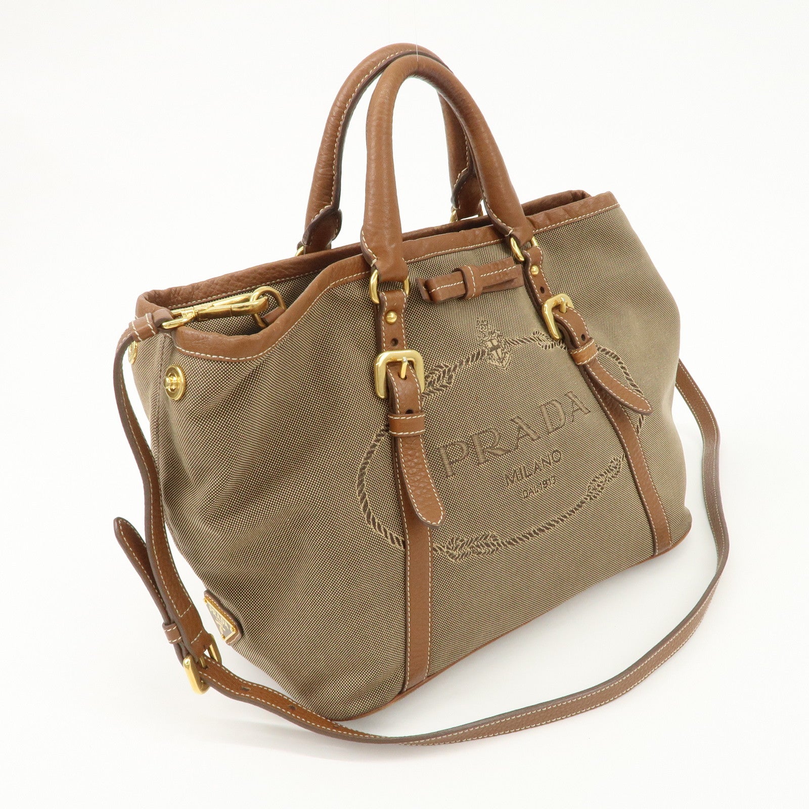 PRADA Leather Logo Jacquard Tote Bag Ribbon Beige Brown BN1841 Used