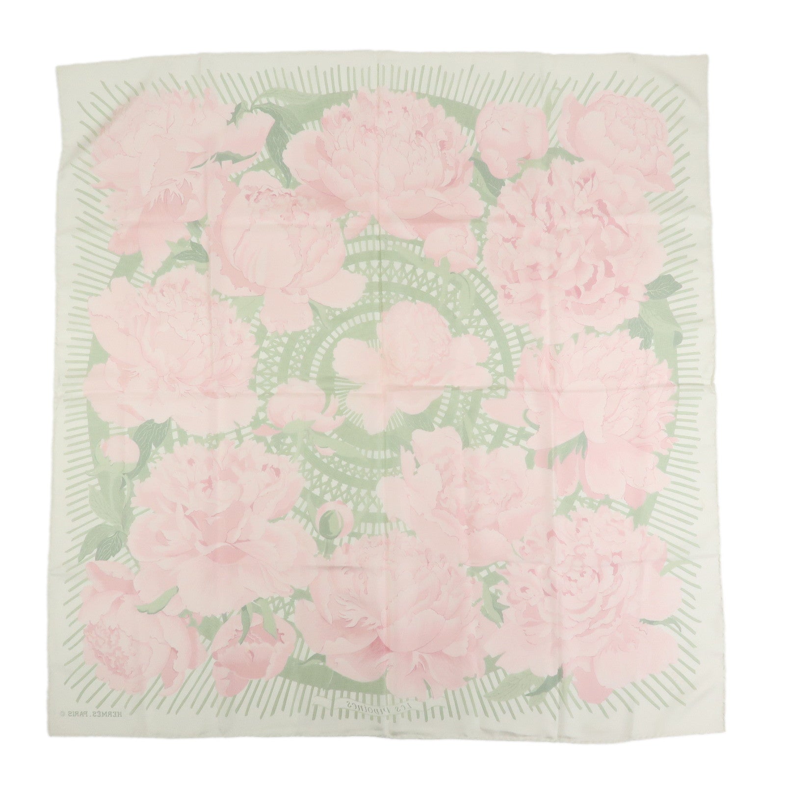 HERMES Carre 90 Silk 100% Scarf Les Pivoines Pink Light Green