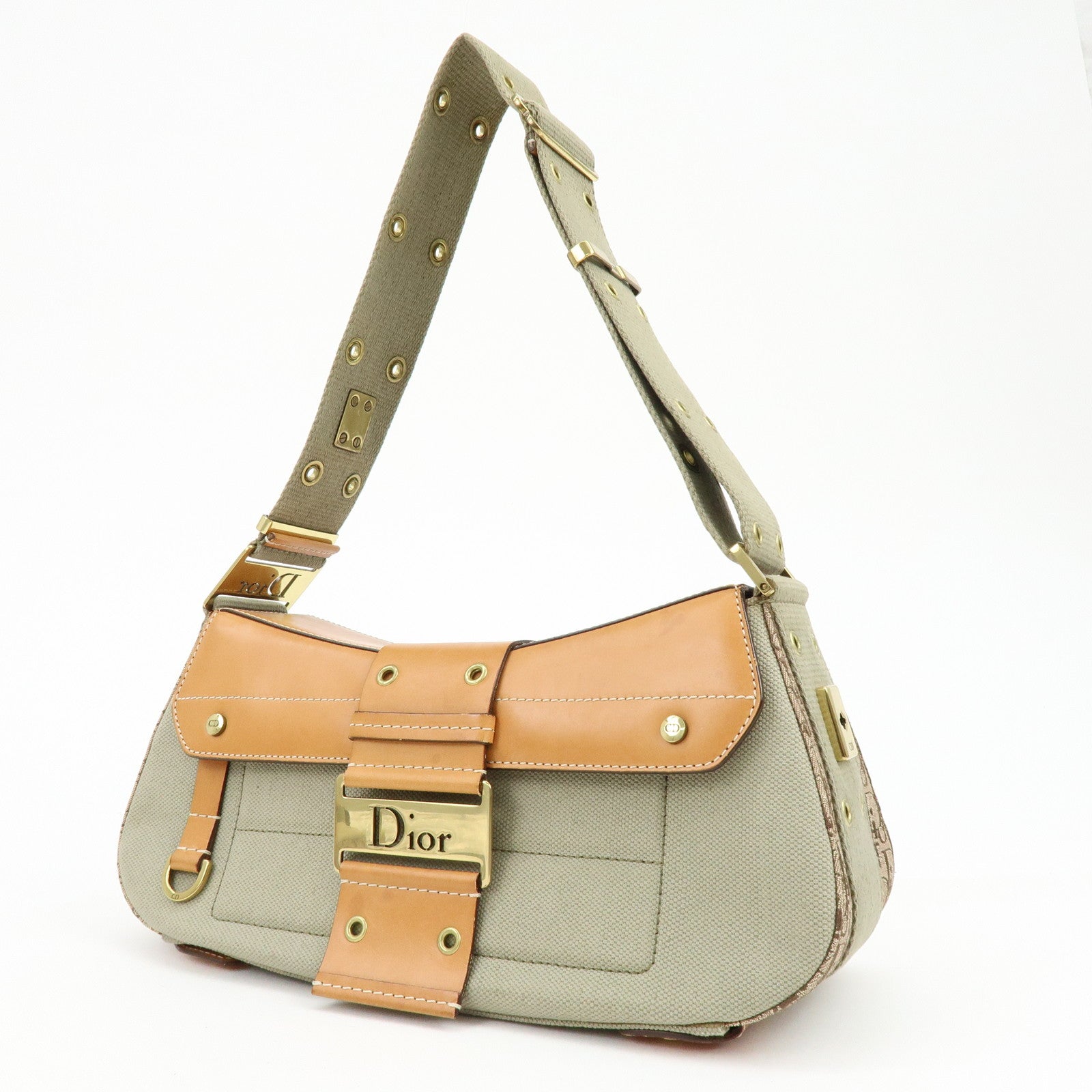 Christian Dior Street Chic Canvas Leather Shoulder Bag Khaki Camel