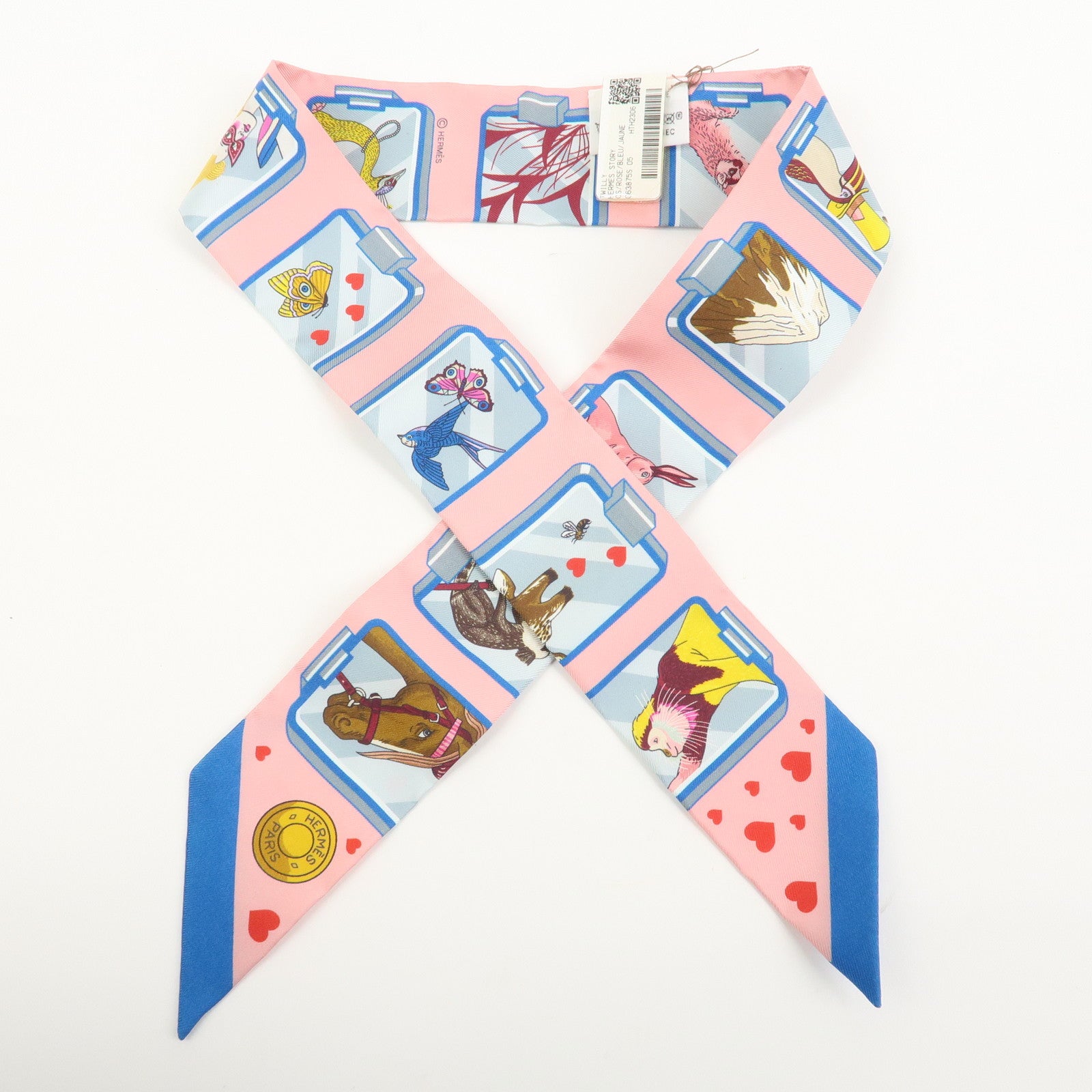 HERMES Twilly Silk 100% HERMES STORY Scarf Pink Blue