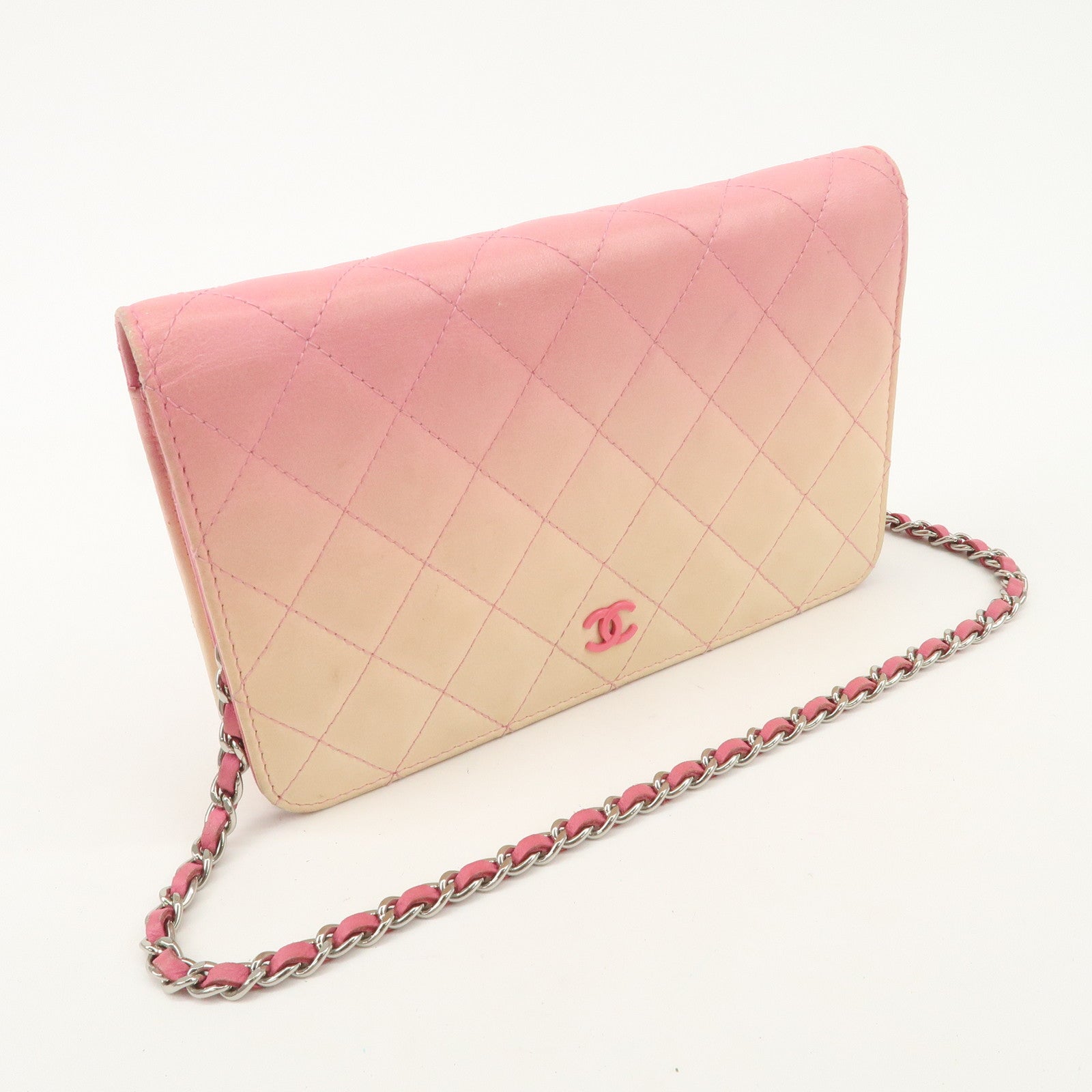 CHANEL Matelasse Leather COCO Mark Chain Shoulder Bag Pink Used