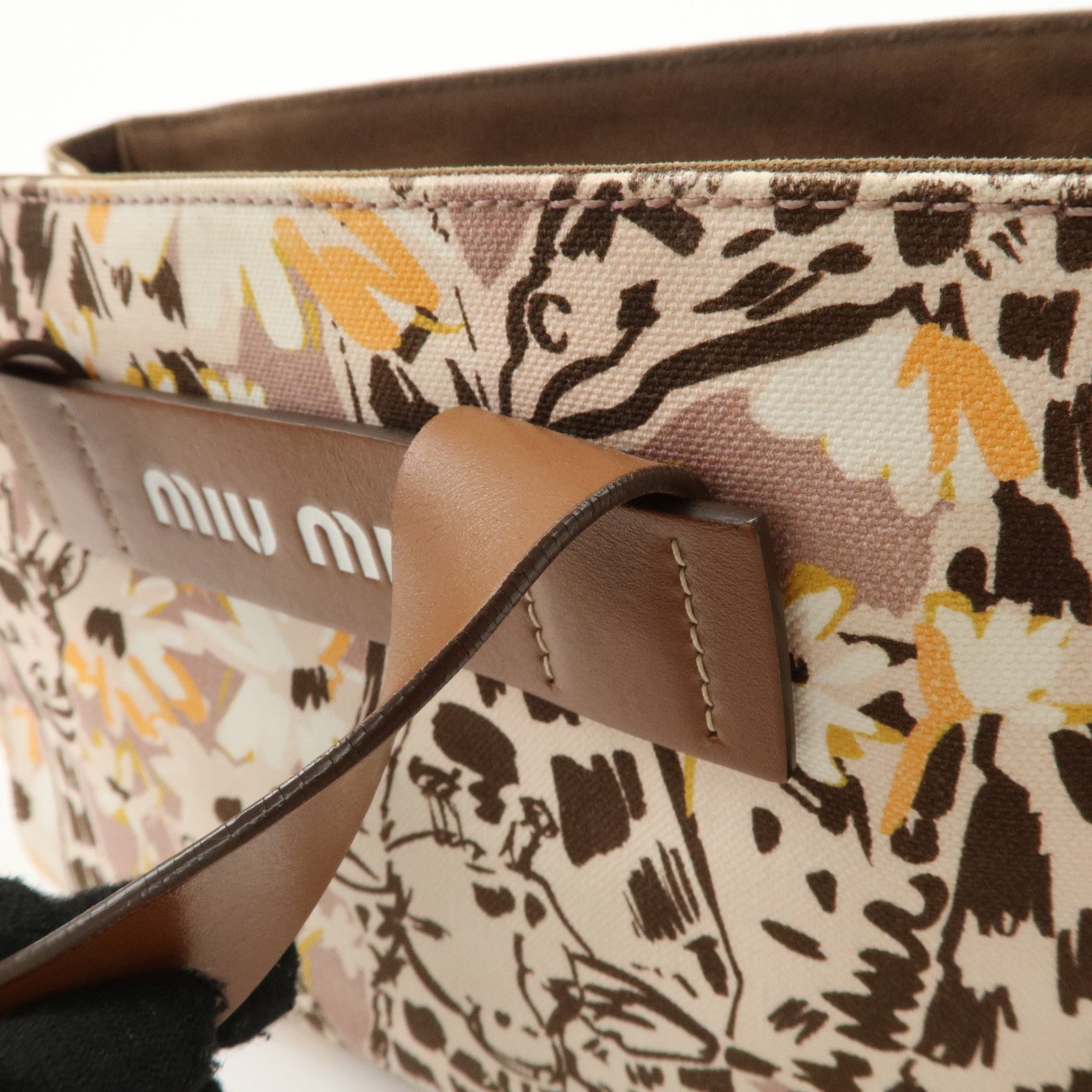 MIU MIU Leather Canvas 2Way Hand Bag Tote Bag Brown Pink 5BA085 Used