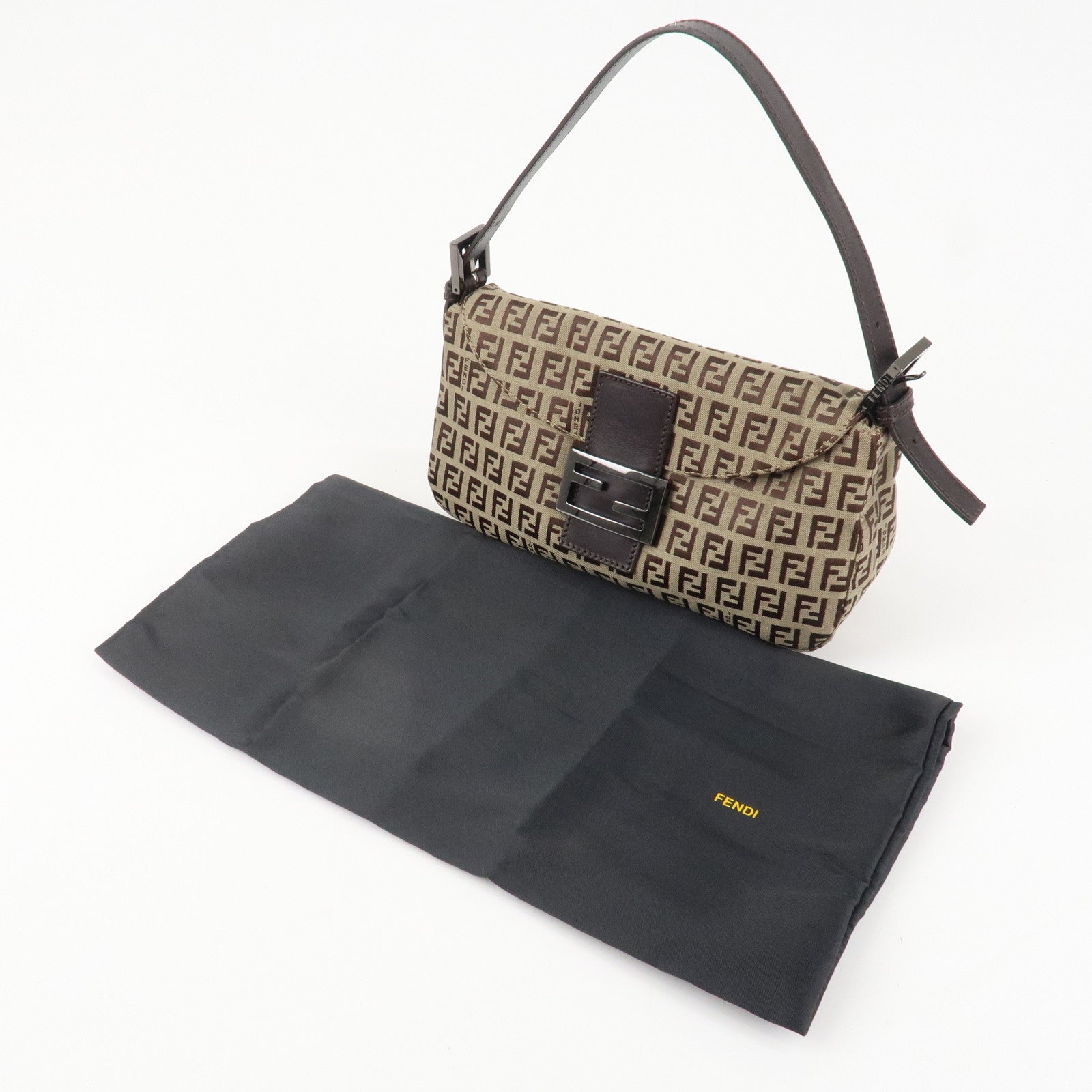 FENDI Mamma Baguette Zucchino Canvas Leather Hand Bag Brown 8BR003 Used