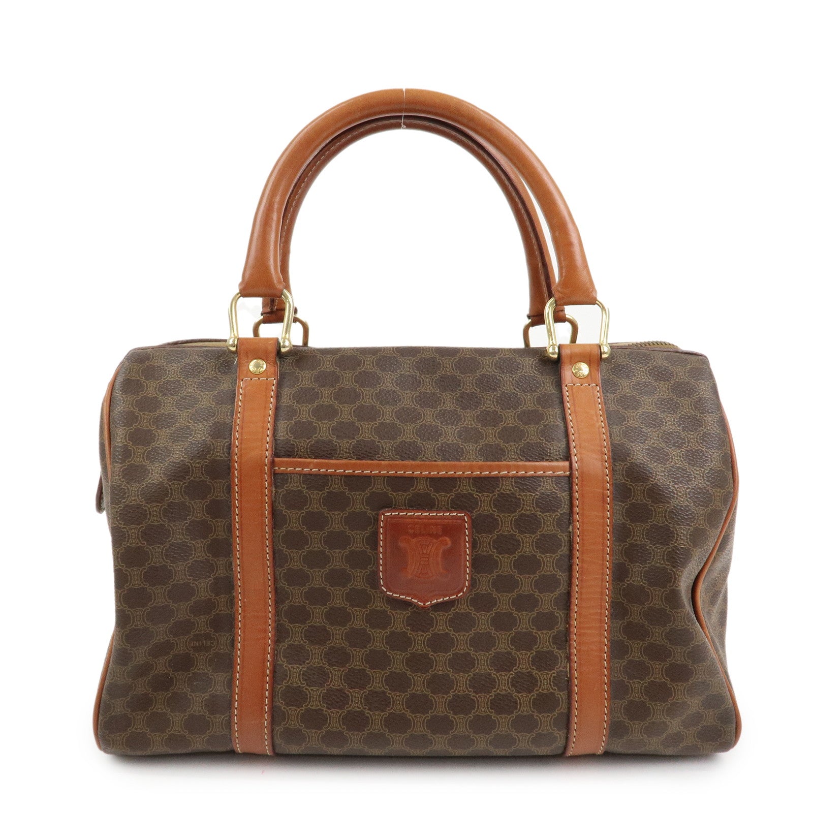 CELINE Macadam PVC Coating Canvas Leather Boston Bag Brown