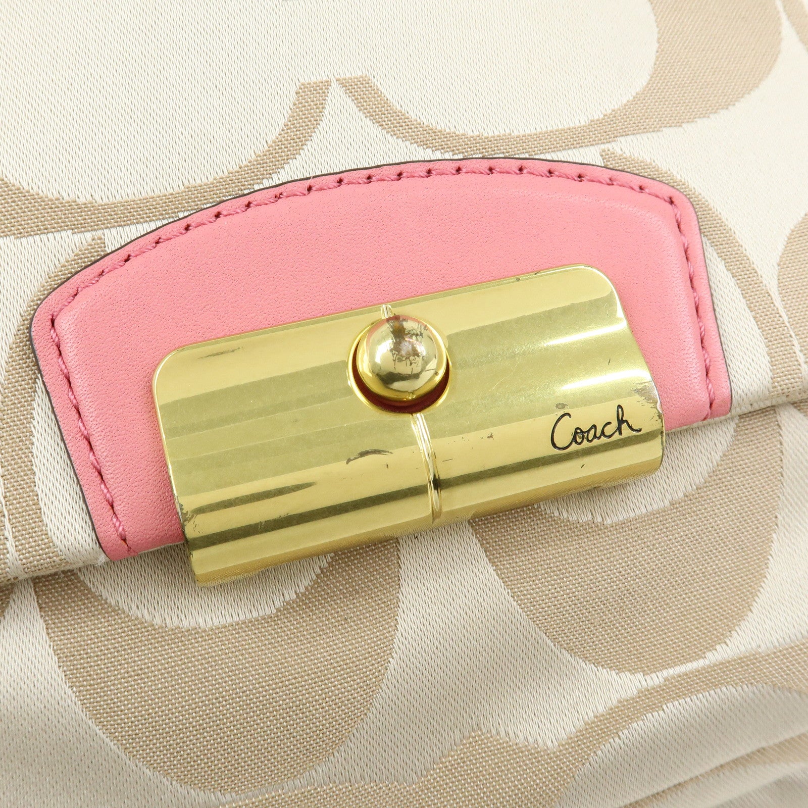 COACH Signature Nylon Leather 2Way Shoulder Bag Hand Bag Beige Pink
