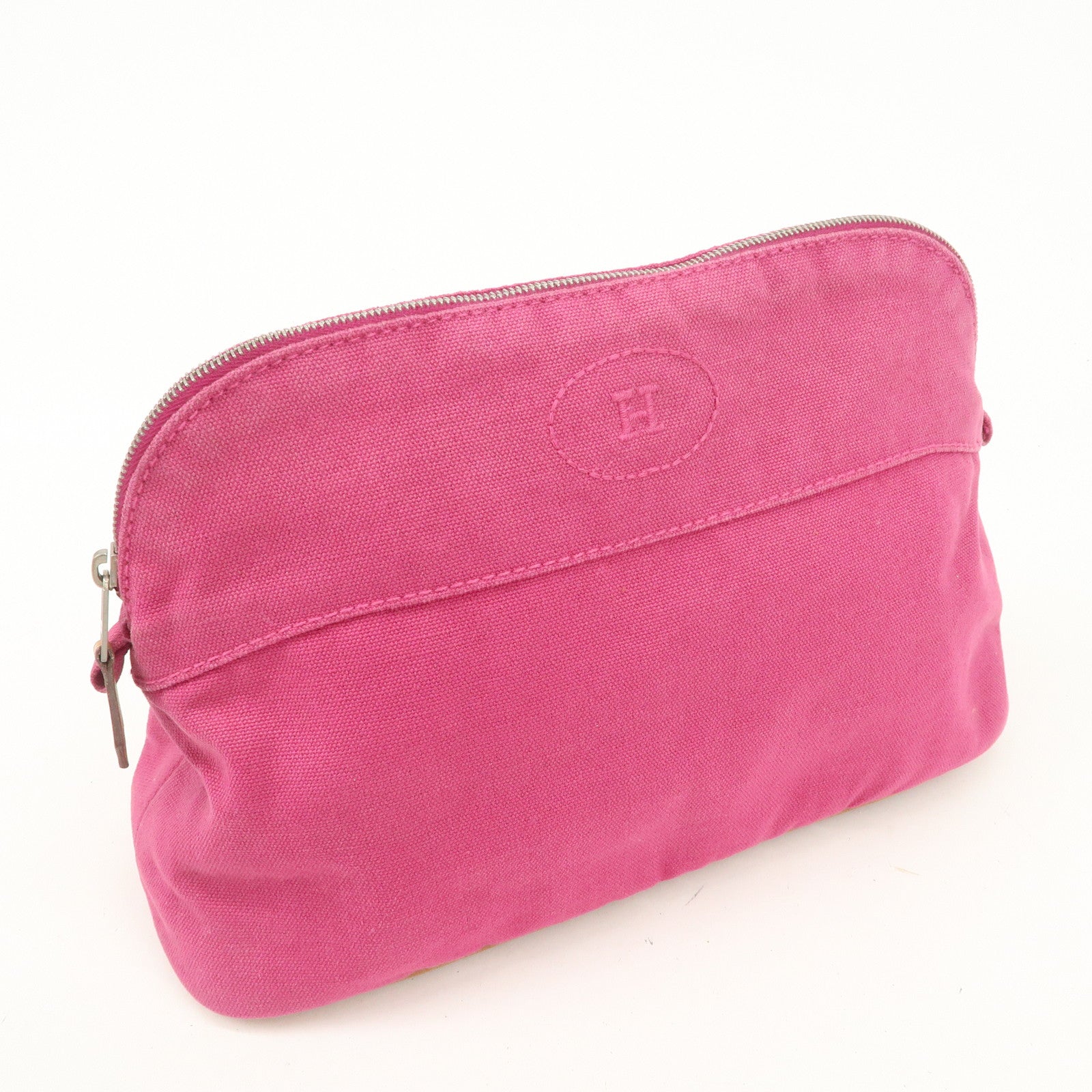 HERMES Leather Canvas Bolide Pouch Cosmetic Pouch MM Pink Used