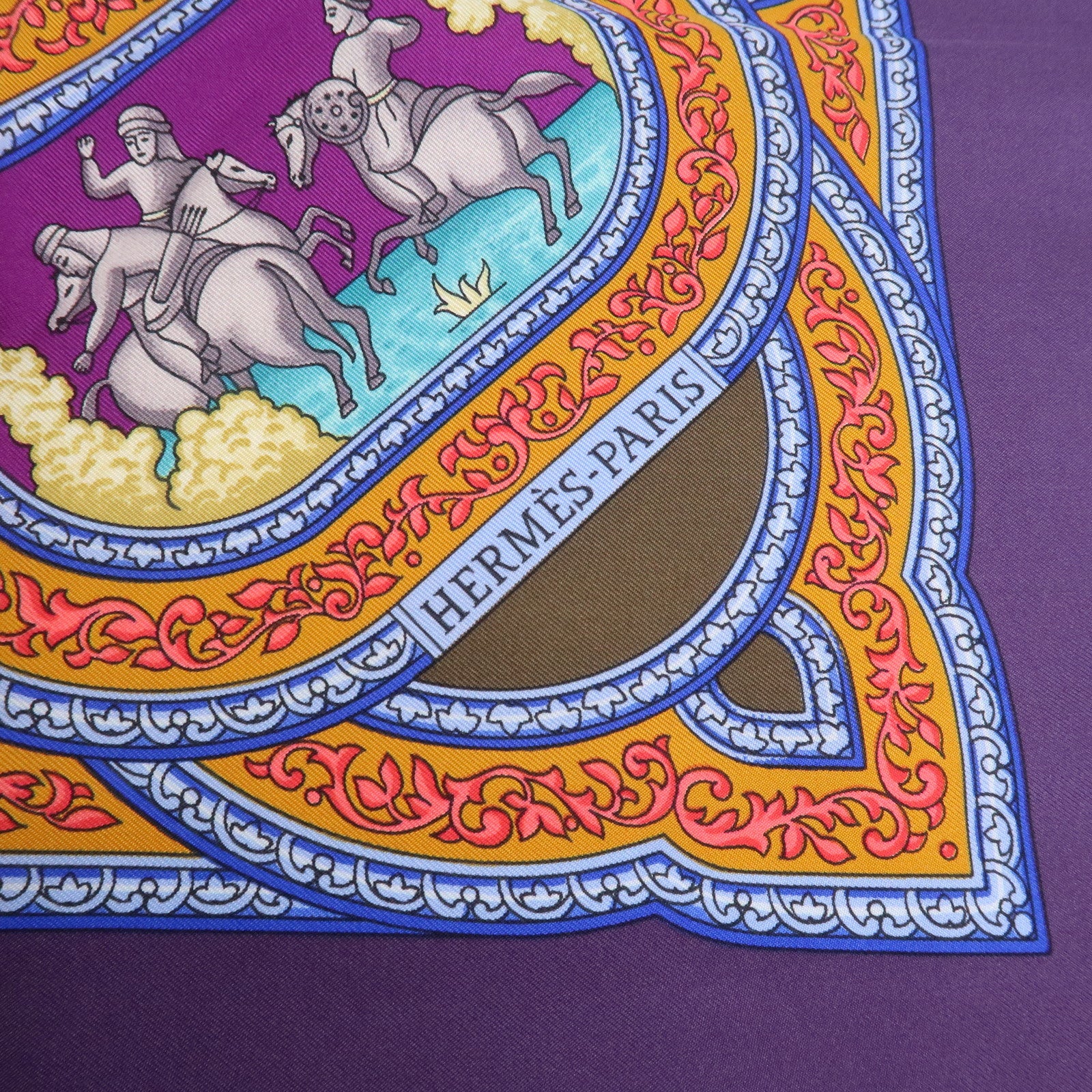HERMES Carre 90 Silk 100% Scarf QALAMDAN Purple Orange