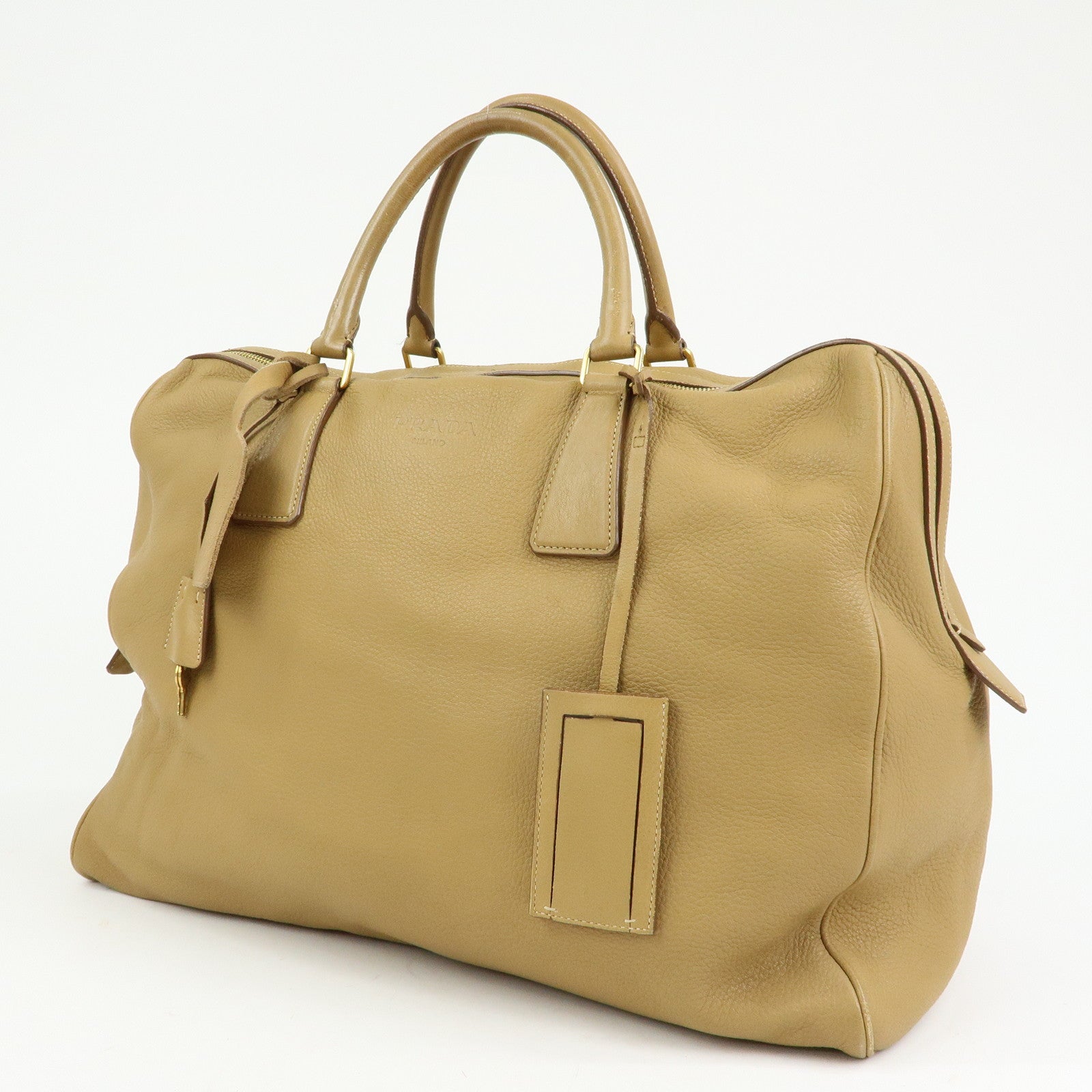 PRADA Logo Leather Boston Bag Hand Bag Travel Bag Brown