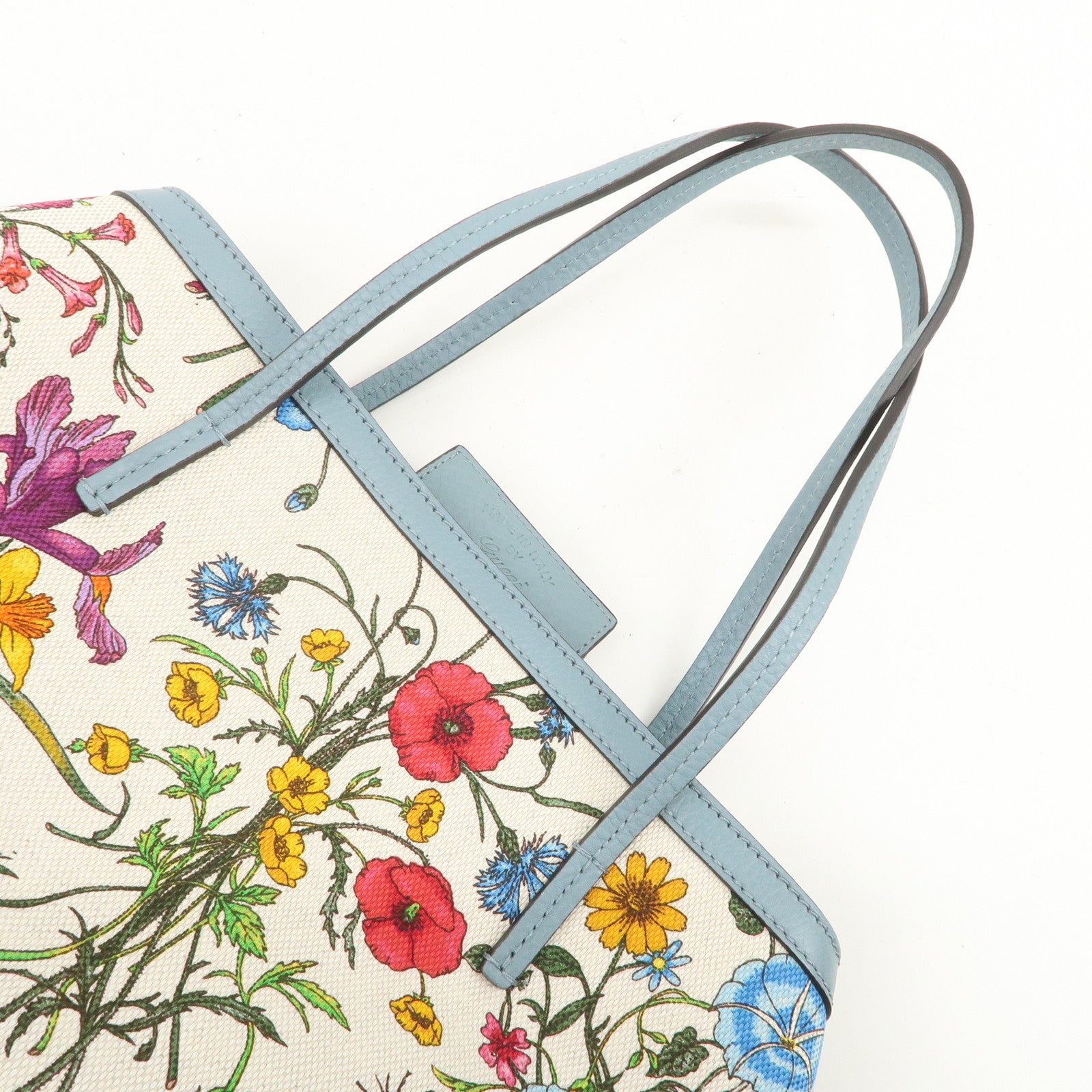 GUCCI Flora Canvas Leather Tote Bag Hand Bag Natural Blue 358470