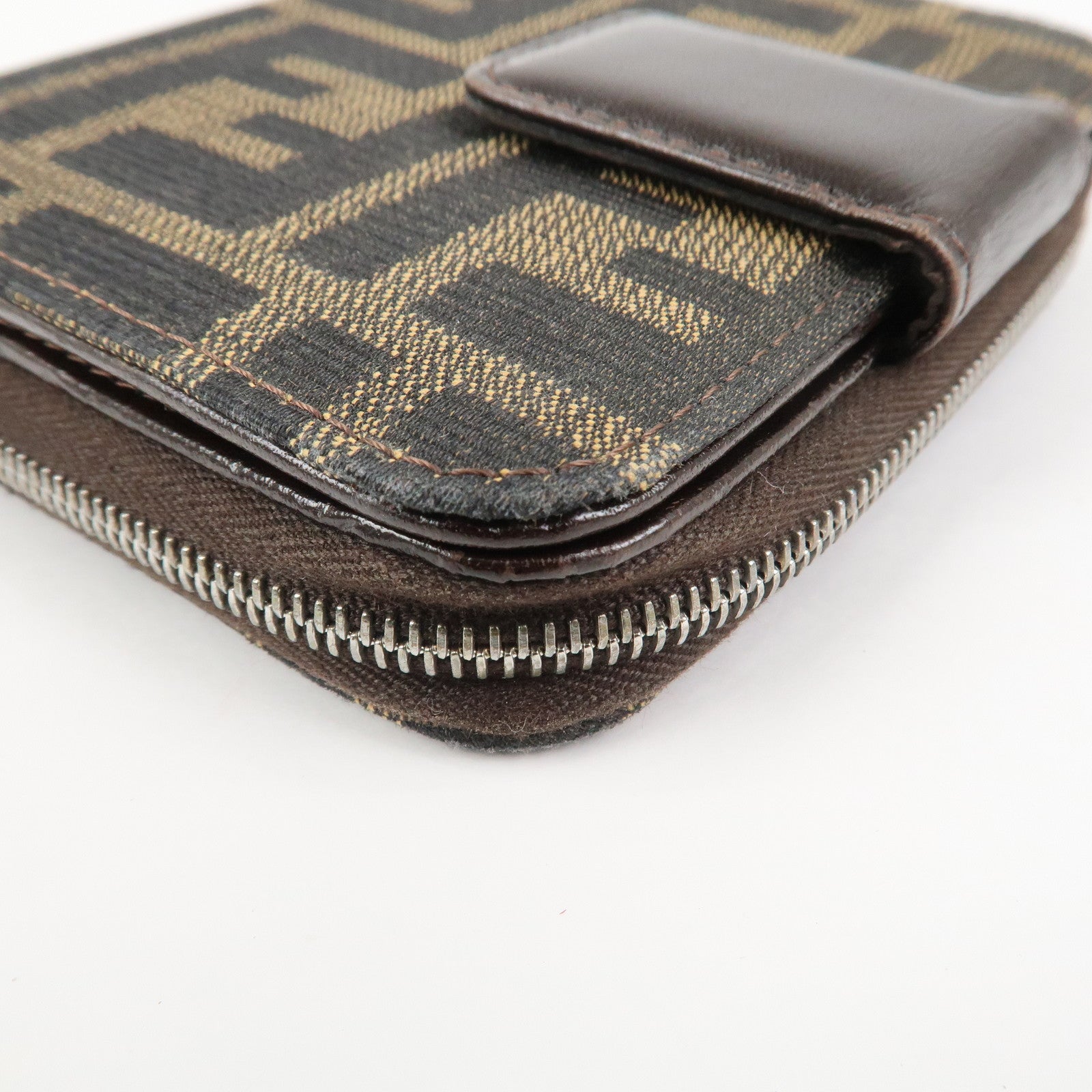 FENDI Zucca Canvas Leather Bi-fold Compact Wallet Brown Black 16348