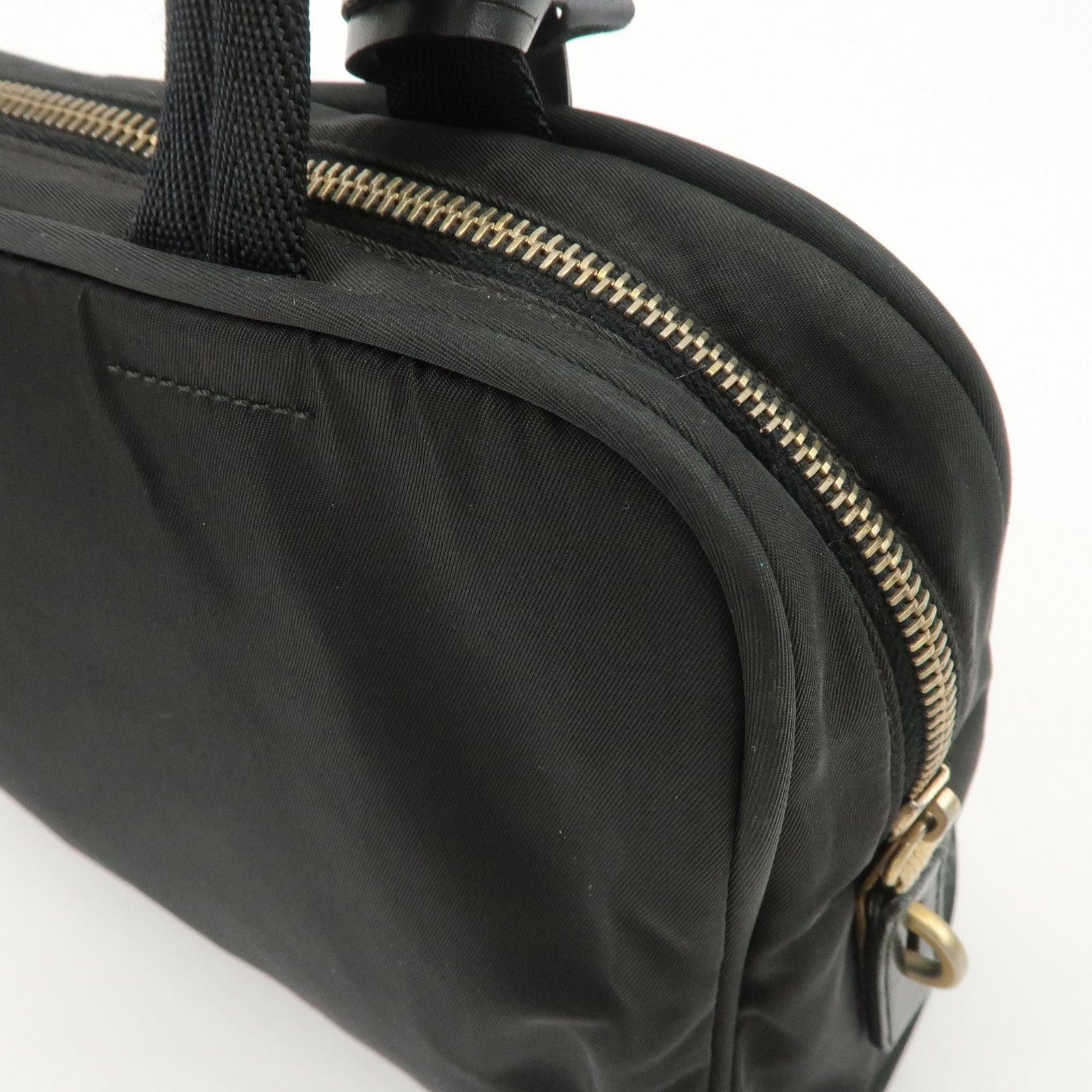 PRADA Triangle Logo Leather Nylon Hand Bag Shoulder Bag Black BR0141 Used