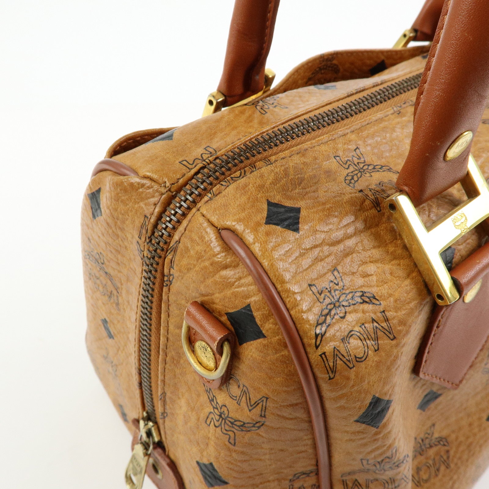 MCM Visetos PVC Leather 2Way Bag Hand Bag Boston Bag Brown
