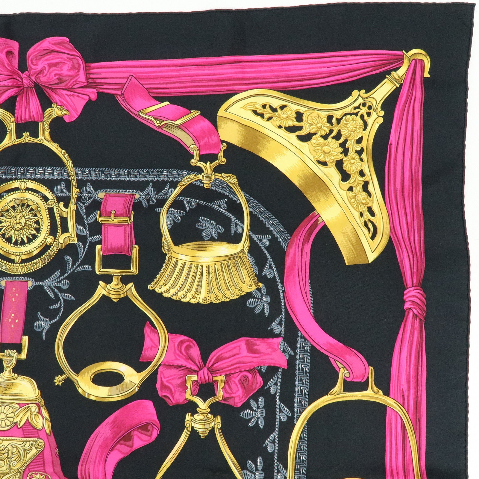 HERMES Carre 90 Silk 100% Scarf ETRIERS Stirrup Print Black Pink